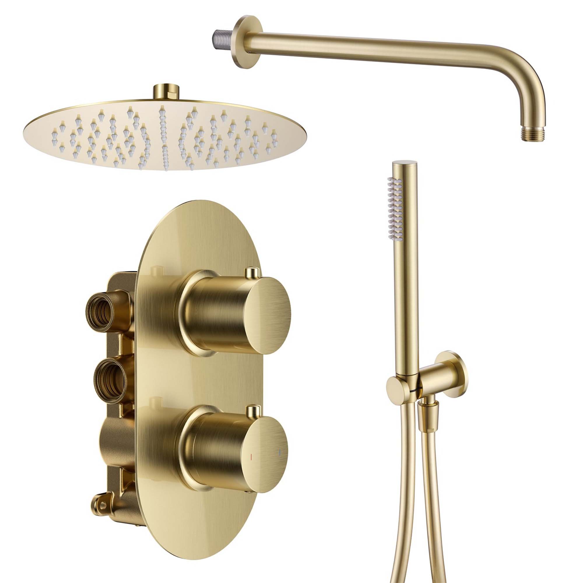 granlusso portofino 2 outlet thermostatic shower valve with pencil handset and fixed overhead brushed brass