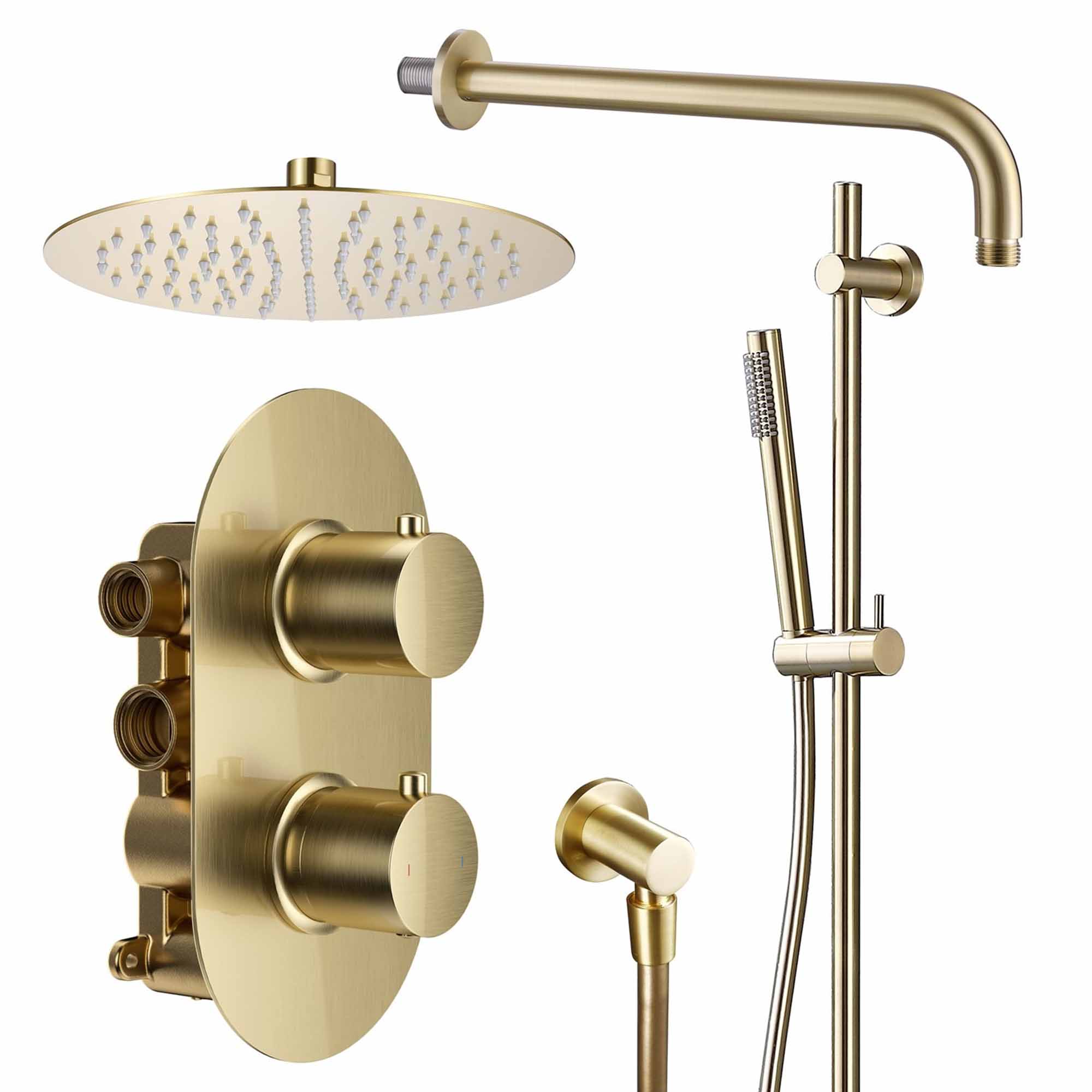 granlusso portofino 2 outlet thermostatic shower valve with slide rail pencil handset and fixed overhead brushed brass