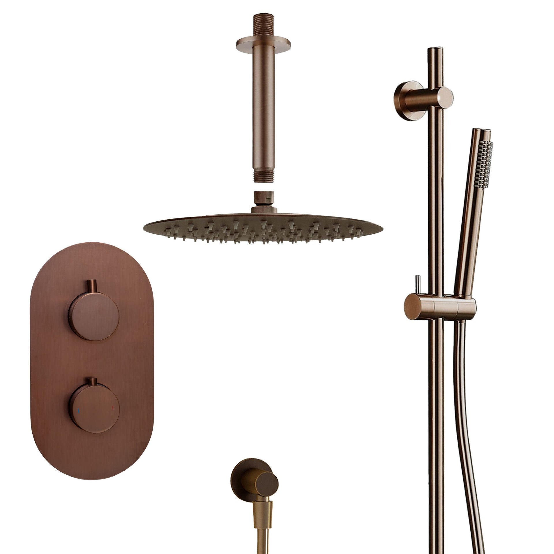 Granlusso portofino brushed bronze shower head, control panel, and handheld shower on a white background