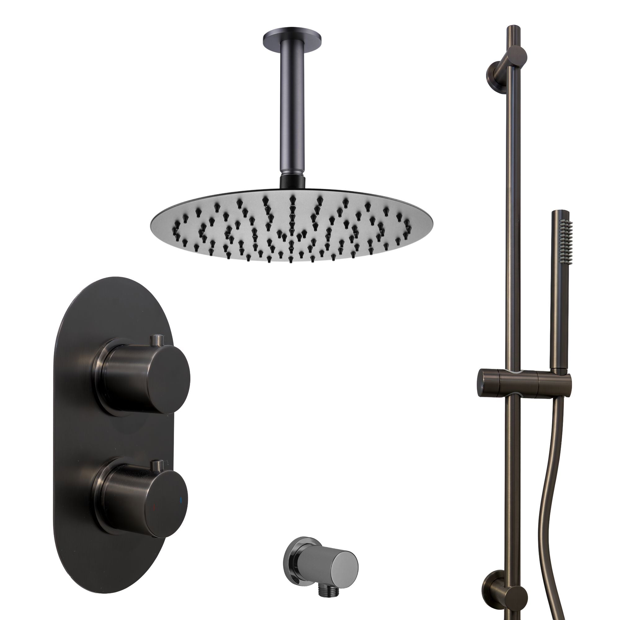 Portofino Ceiling mounted Shower head, control valve, and handheld shower in gunmetal on a white background deluxe bathrooms