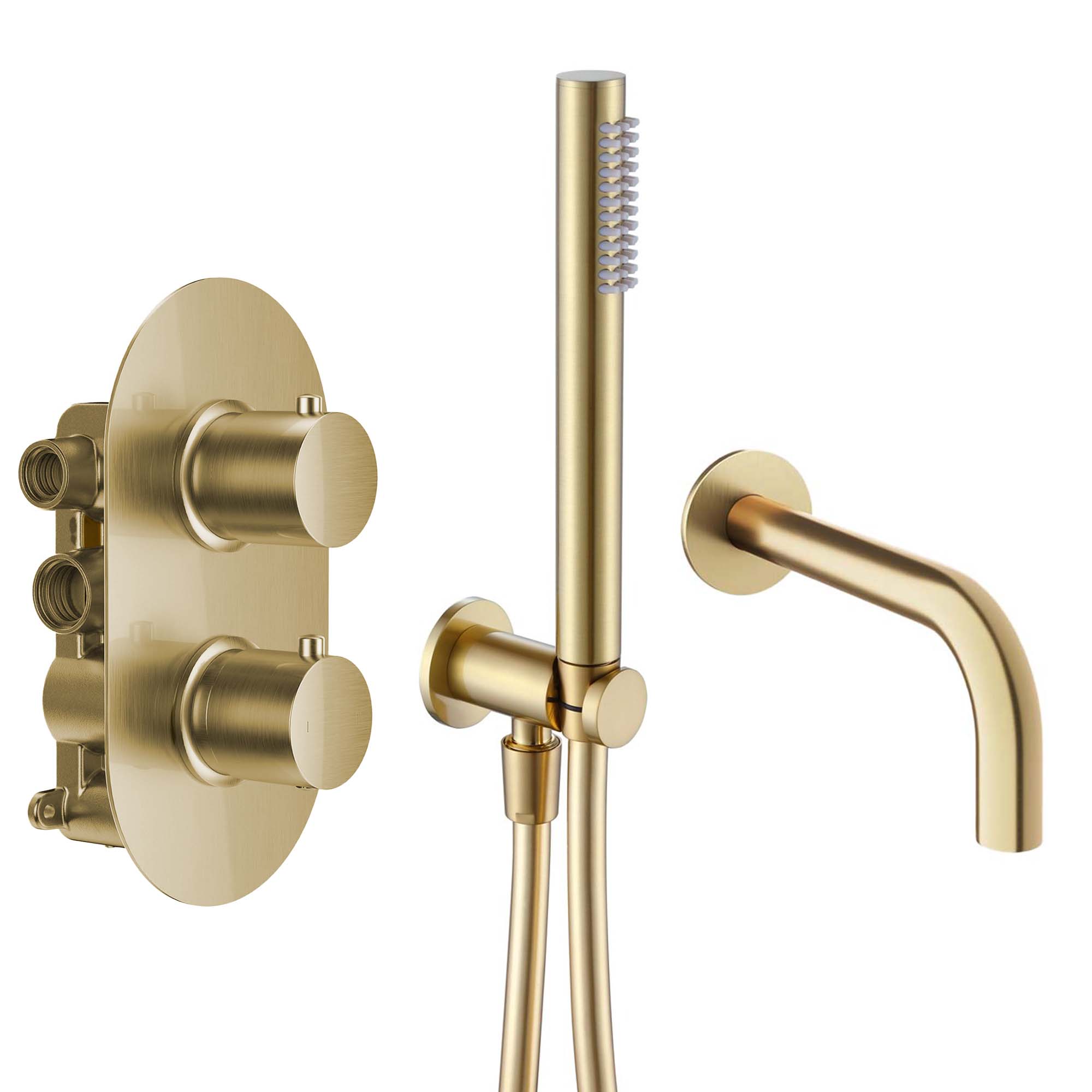 granlusso portofino dual outlet thermostatic shower valve with pencil handset and bath spout brushed brass