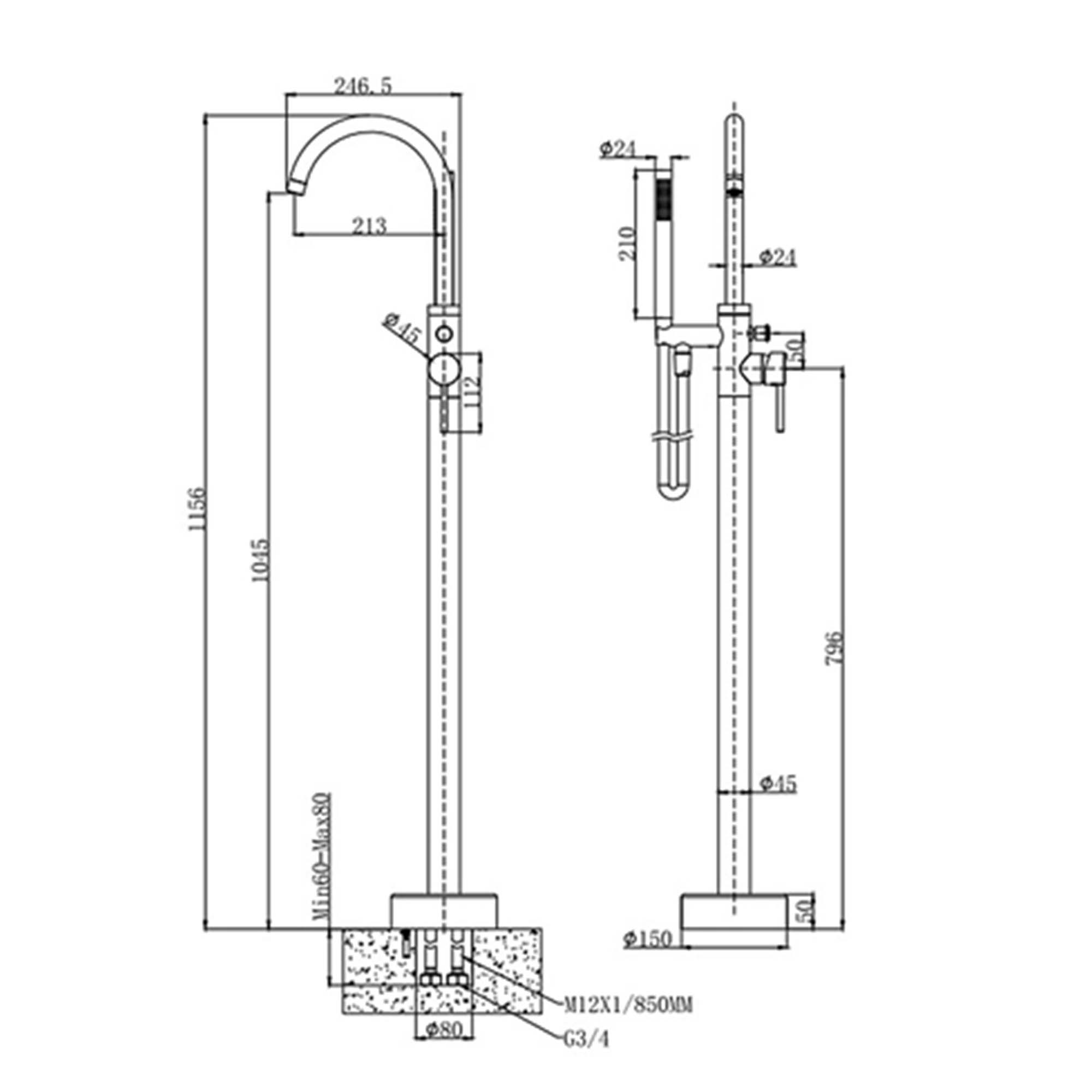 granlusso portofino floorstanding bath shower mixer dimensions