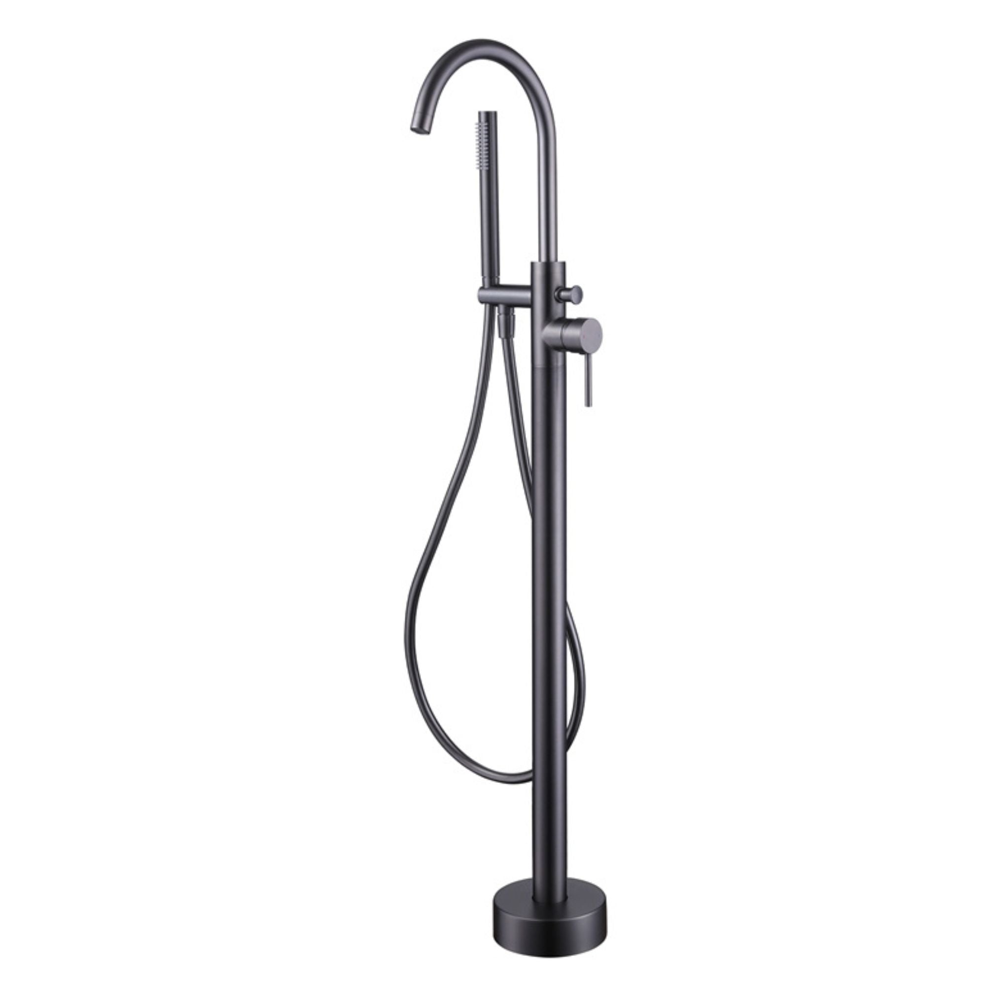 Portofino gunmetal finish freestanding bathtub faucet with handheld shower on a white background deluxe bathrooms