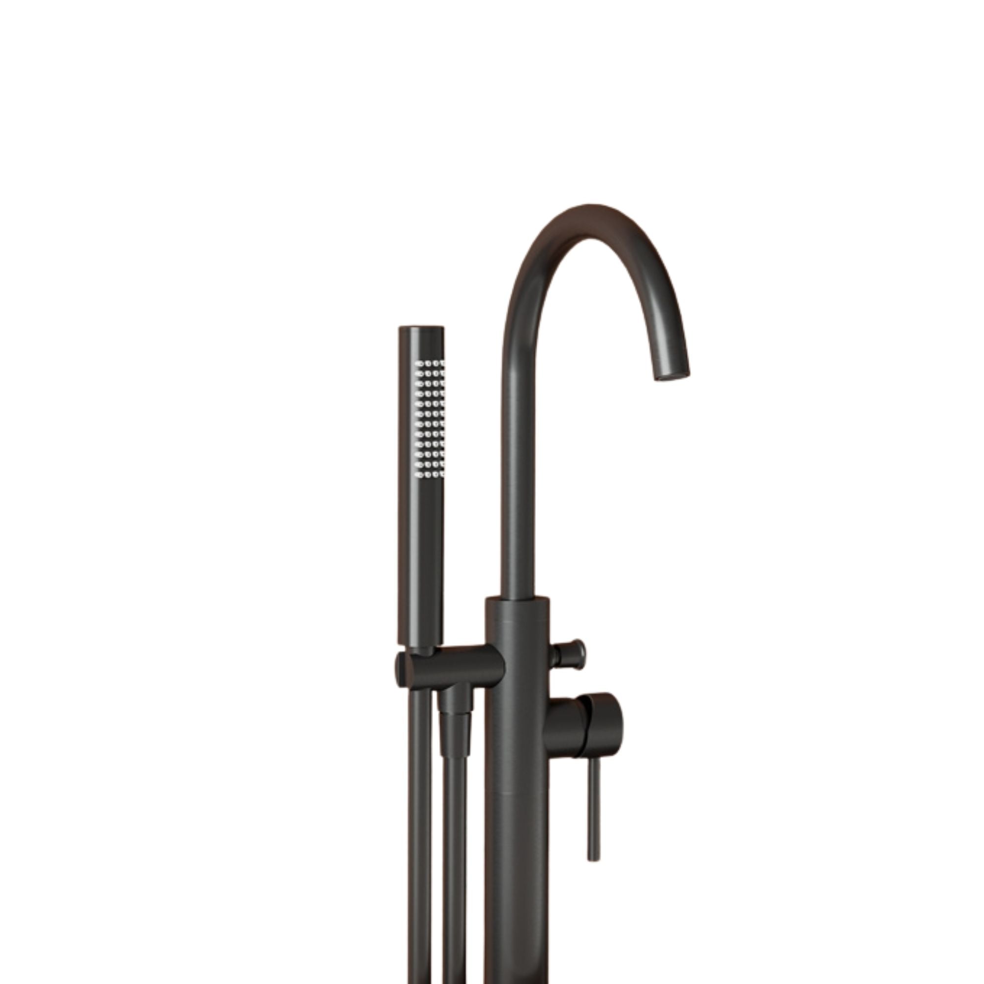 Portofino gunmetal finish freestanding bathtub faucet with handheld shower on a white background deluxe bathrooms