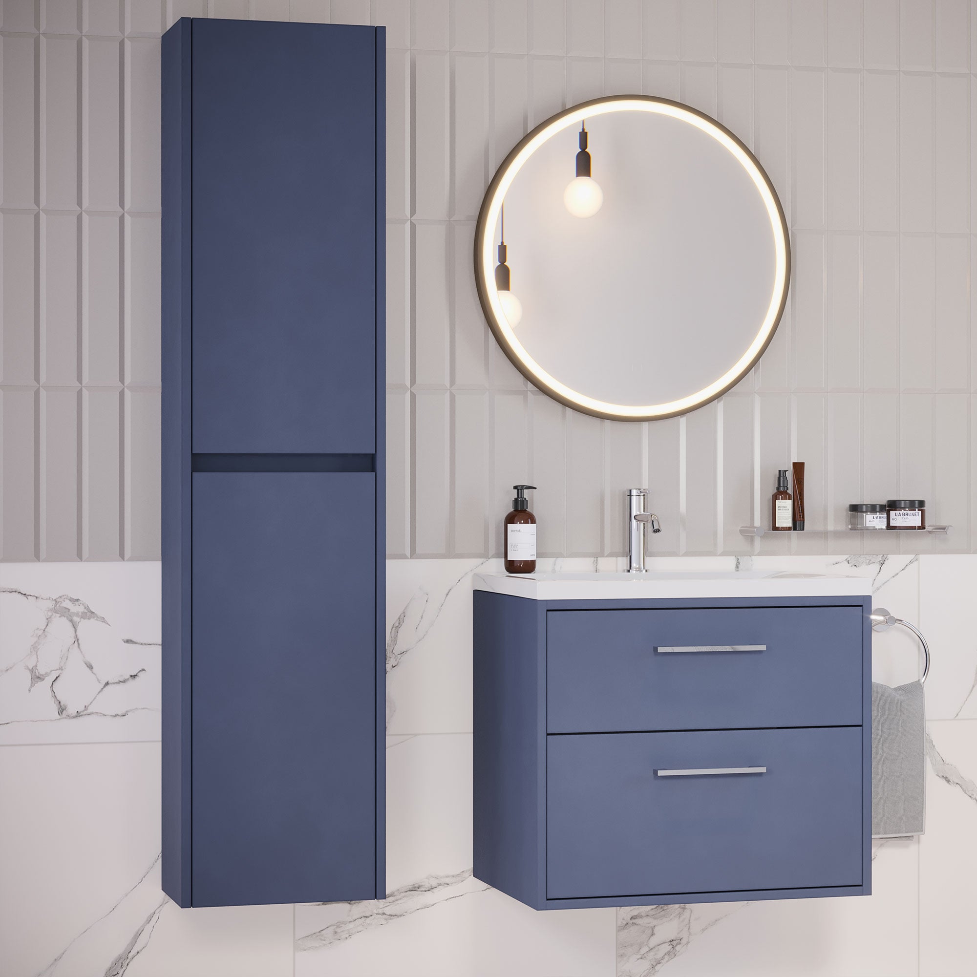 Granlusso Serenity Tallboy Unit Wall Mounted matt blue lifestyle