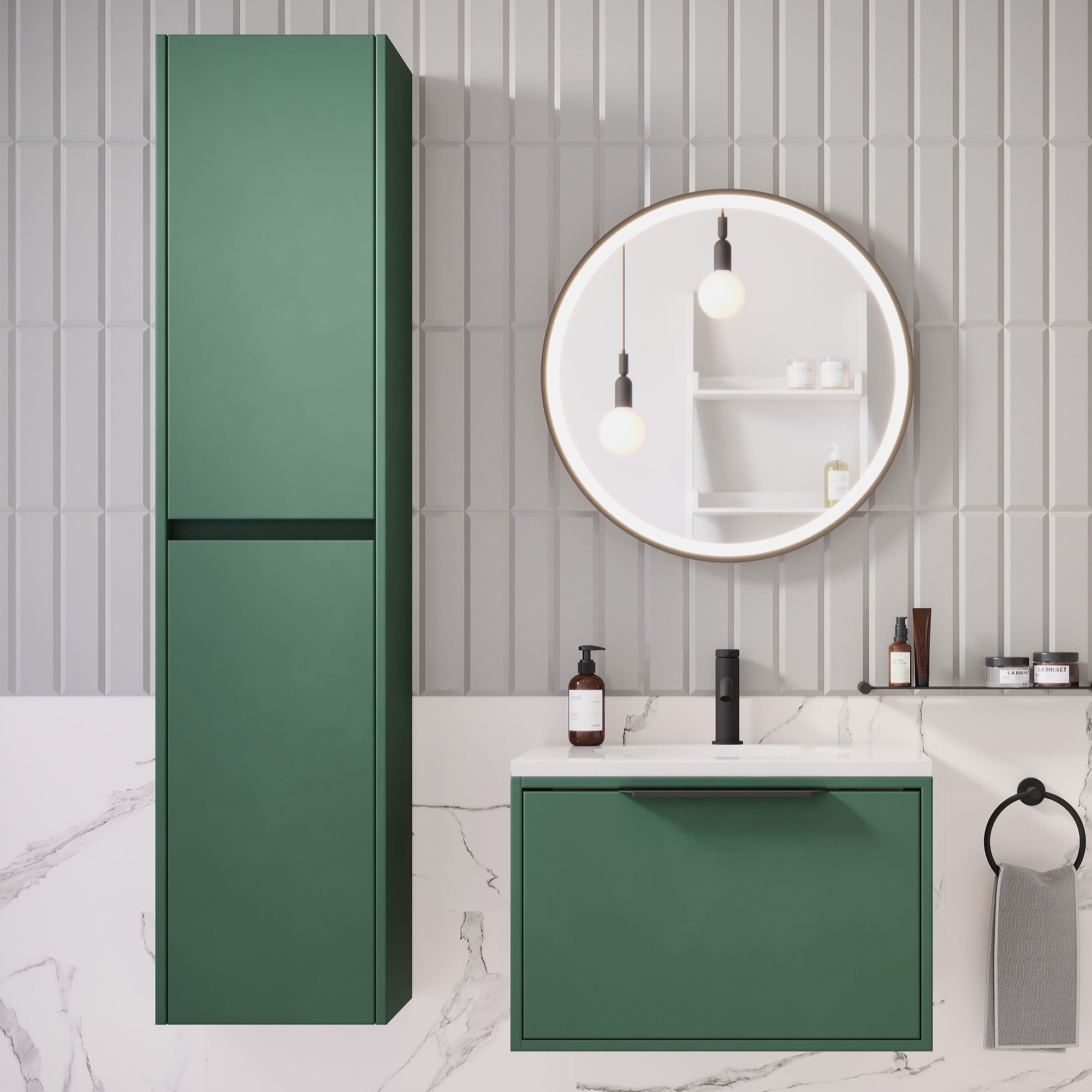 Granlusso Serenity Tallboy Unit Wall Mounted matt green lifestyle
