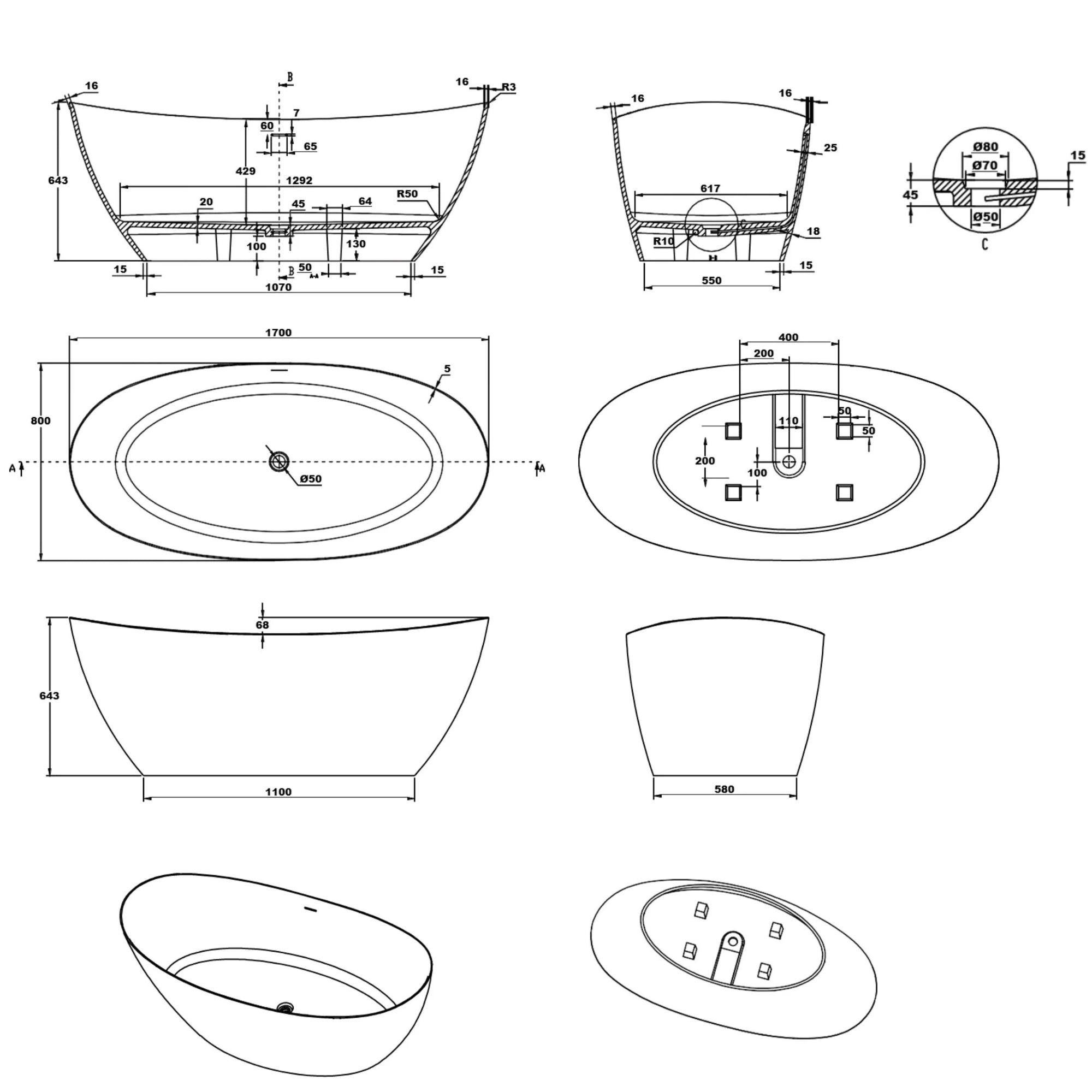 Technical line drawing showing multiple orthographic and perspective views of a freestanding oval bathtub with dimension annotations