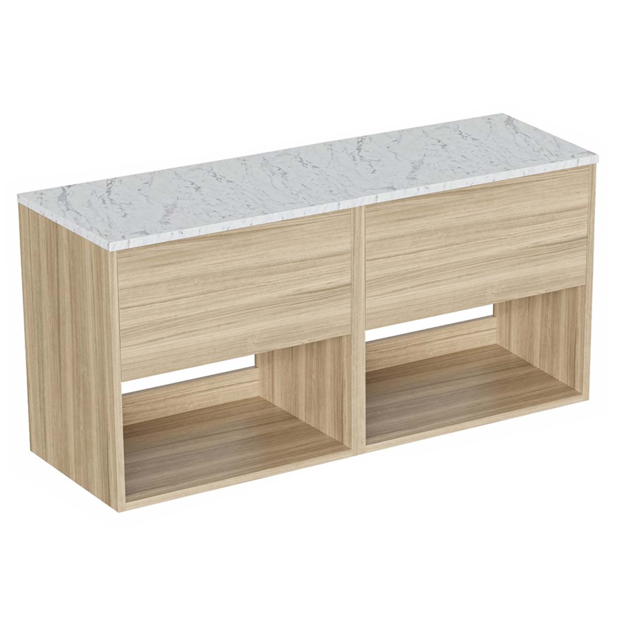 hackney 1200mm wall mounted double vanity unit with carrara worktop and open shelves cherry wood