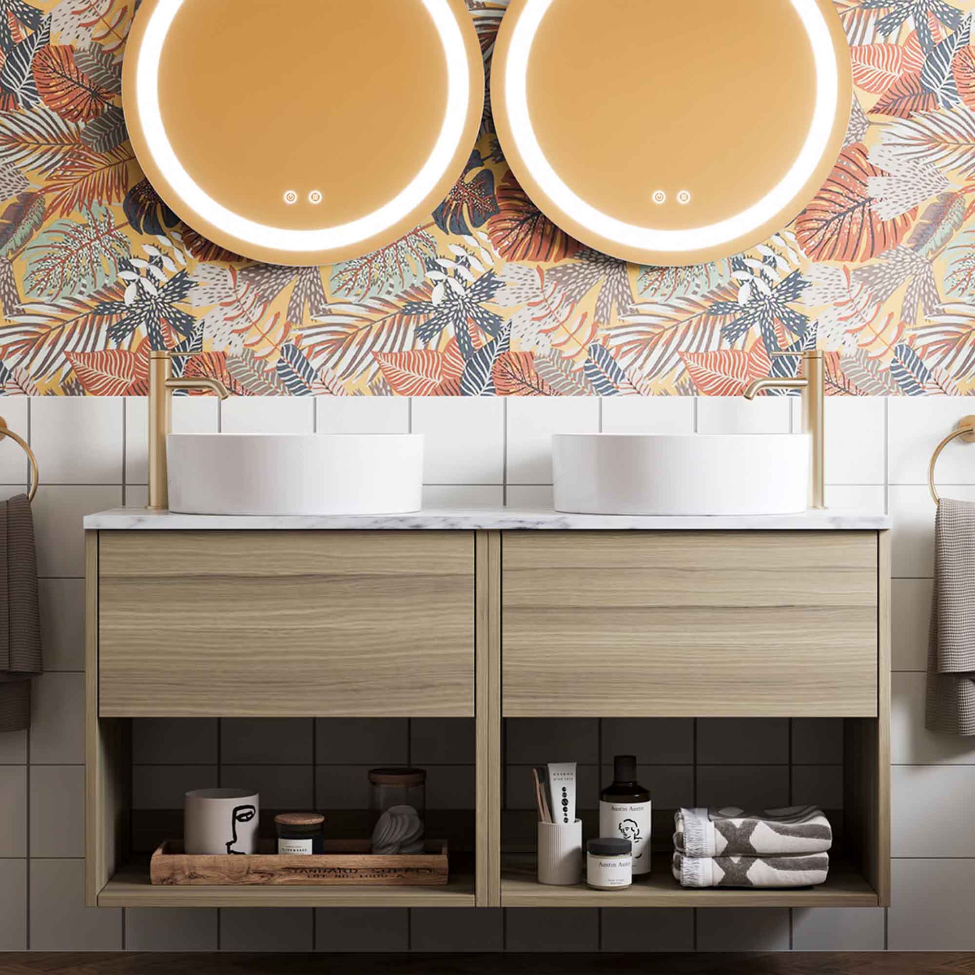 hackney 1200mm wall mounted double vanity unit with carrara worktop and open shelves cherry wood