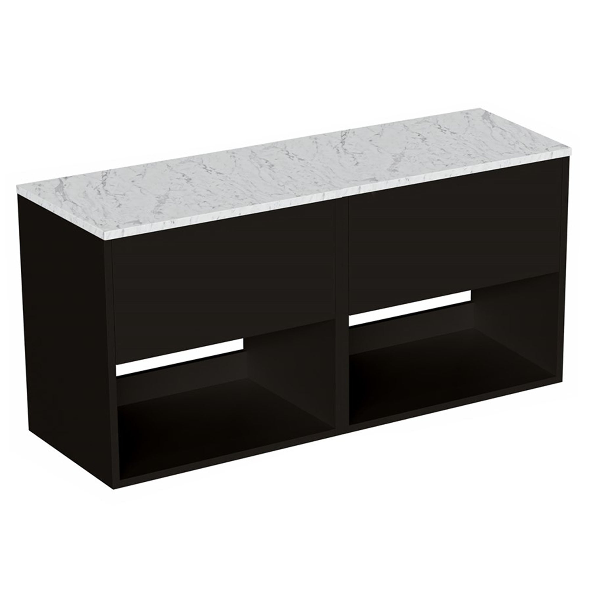 hackney 1200mm wall mounted double vanity unit with carrara worktop and open shelves matt black
