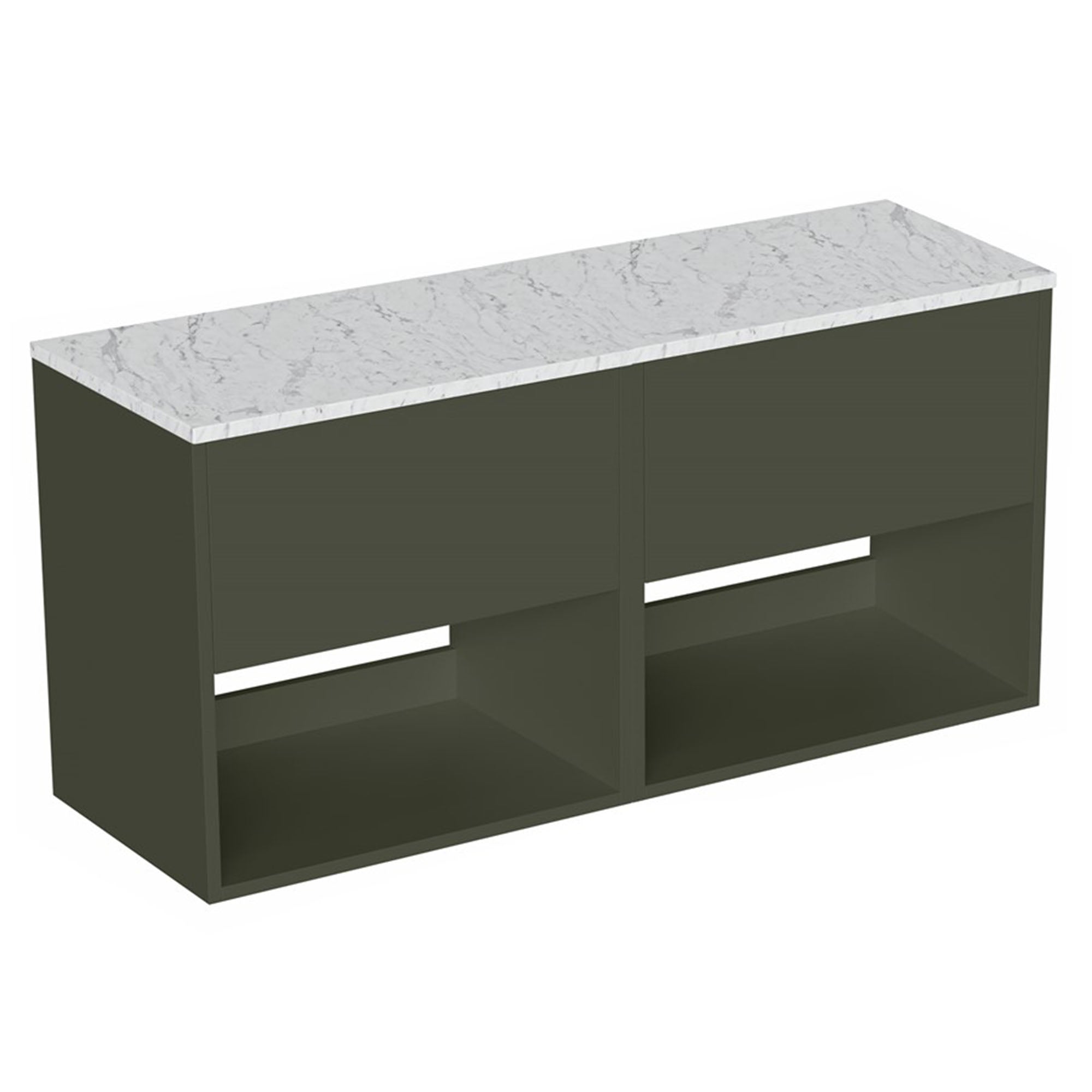 hackney 1200mm wall mounted double vanity unit with carrara worktop and open shelves matt green