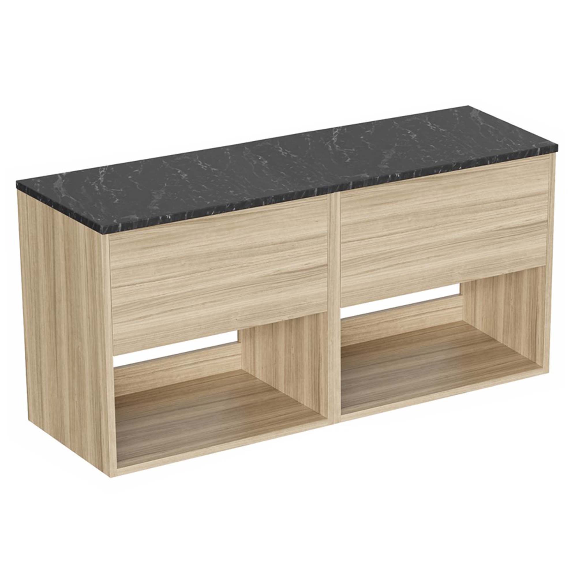hackney 1200mm wall mounted double vanity unit with marquina worktop and open shelves cherry wood
