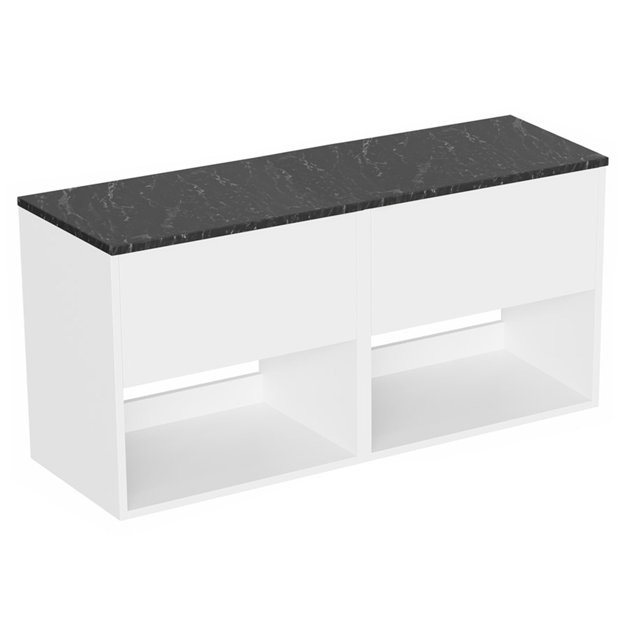 hackney 1200mm wall mounted double vanity unit with marquina worktop and open shelves gloss