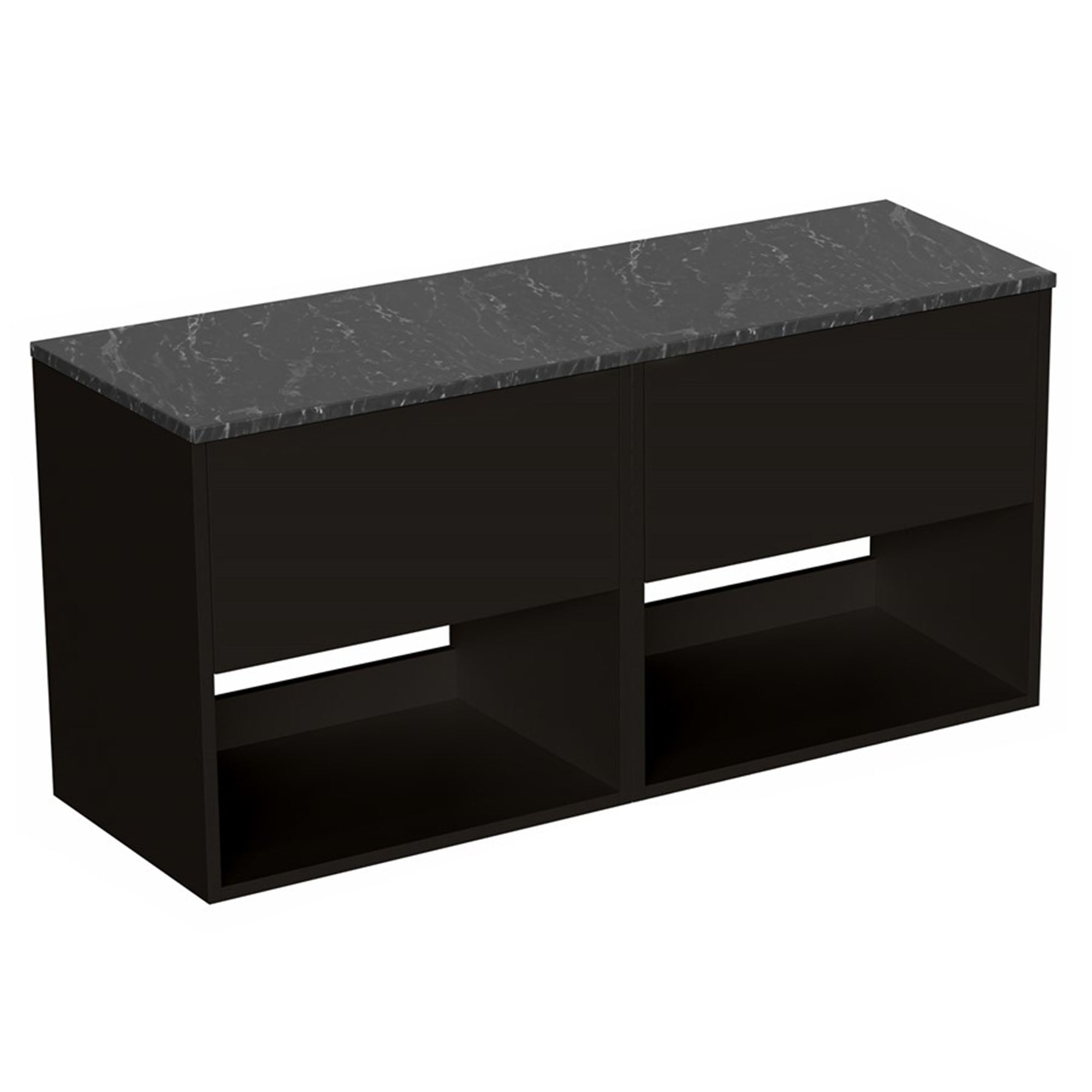 hackney 1200mm wall mounted double vanity unit with marquina worktop and open shelves matt black