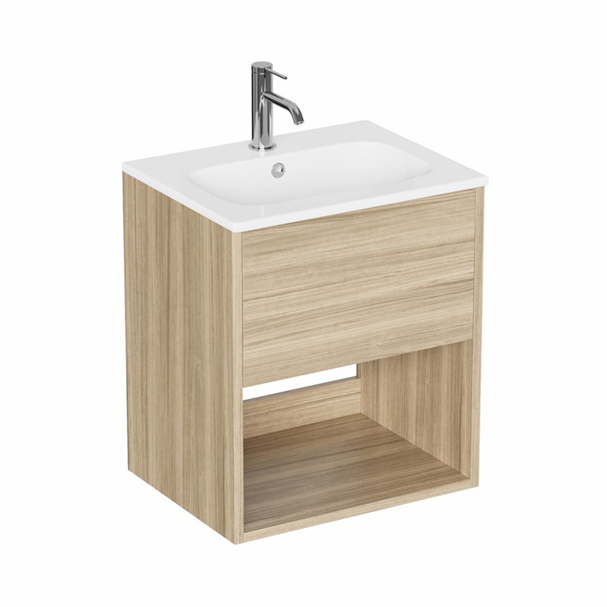 hackney 500mm wall mounted vanity unit with basin and open shelf cherry wood