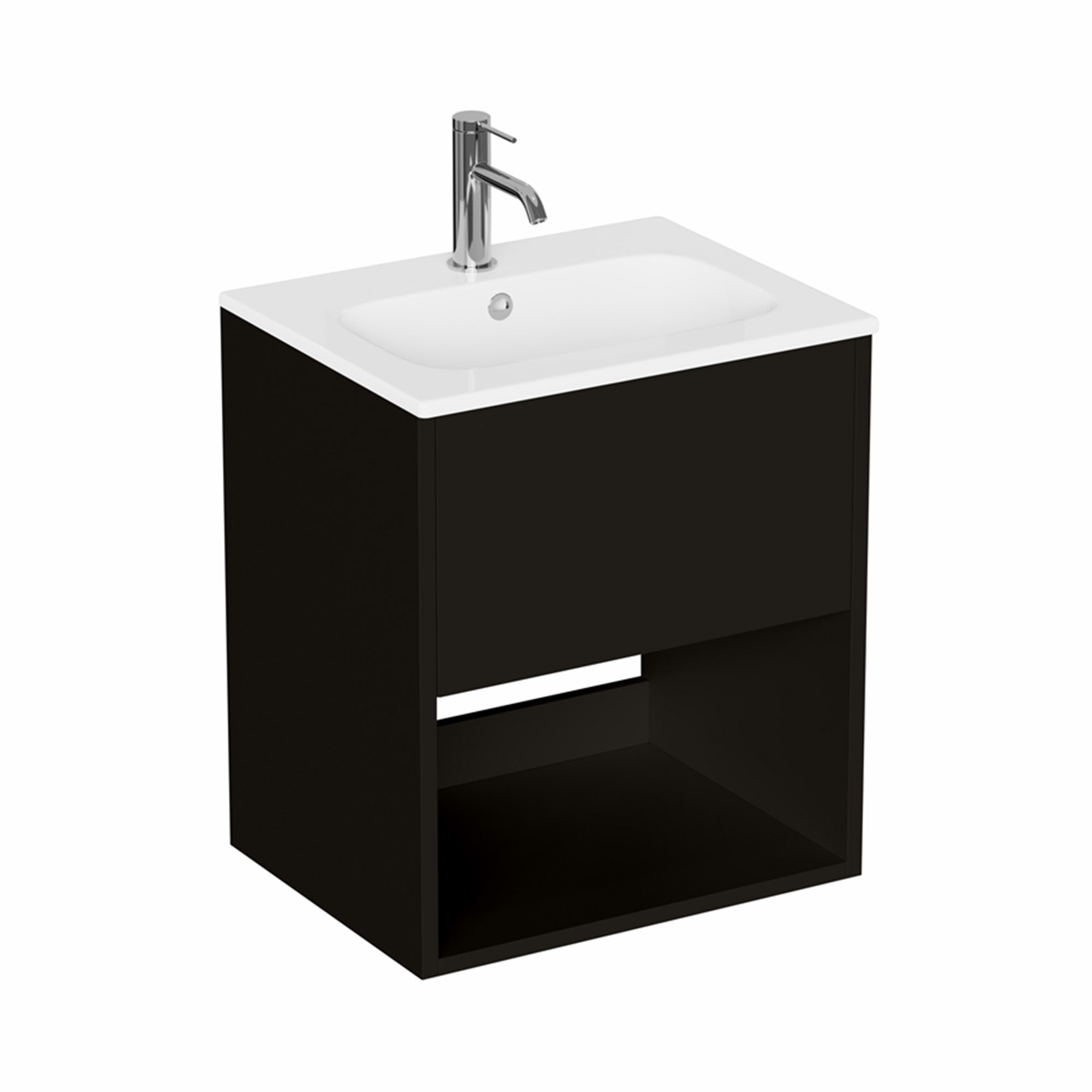hackney 500mm wall mounted vanity unit with basin and open shelf matt black