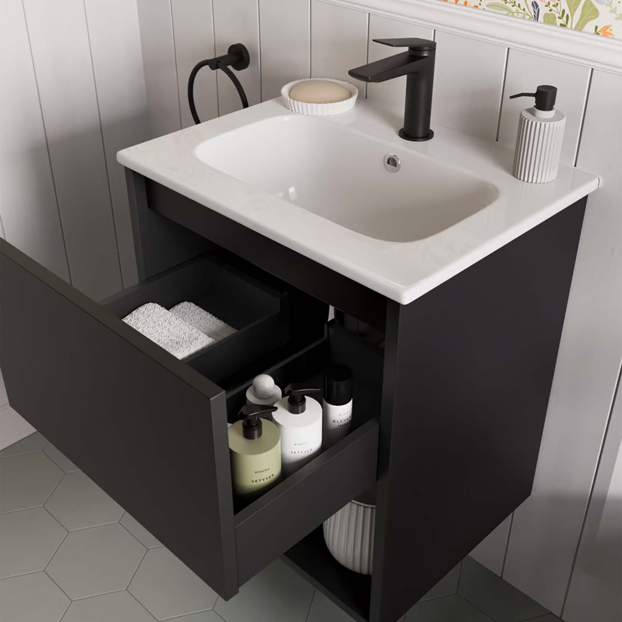 hackney 500mm wall mounted vanity unit with basin and open shelf matt black