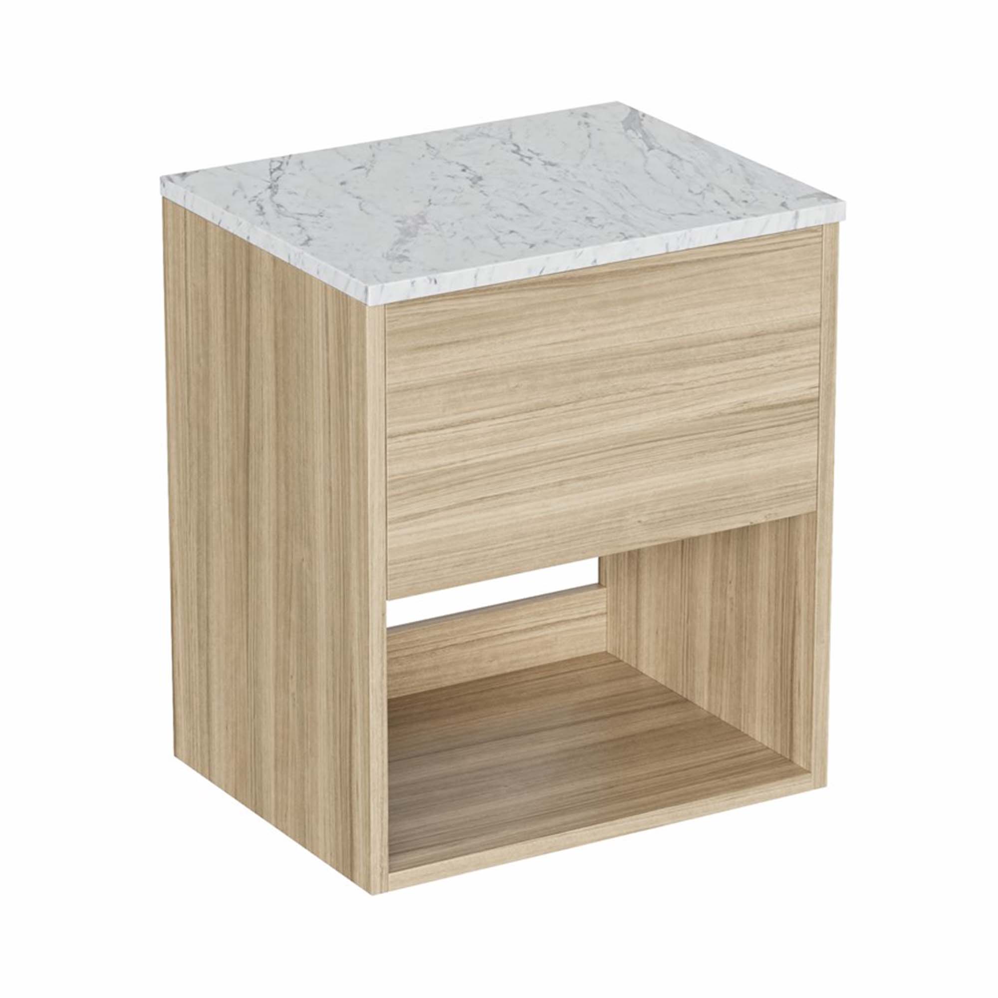 hackney 500mm wall mounted vanity unit-with carrara worktop and open shelf cherry wood