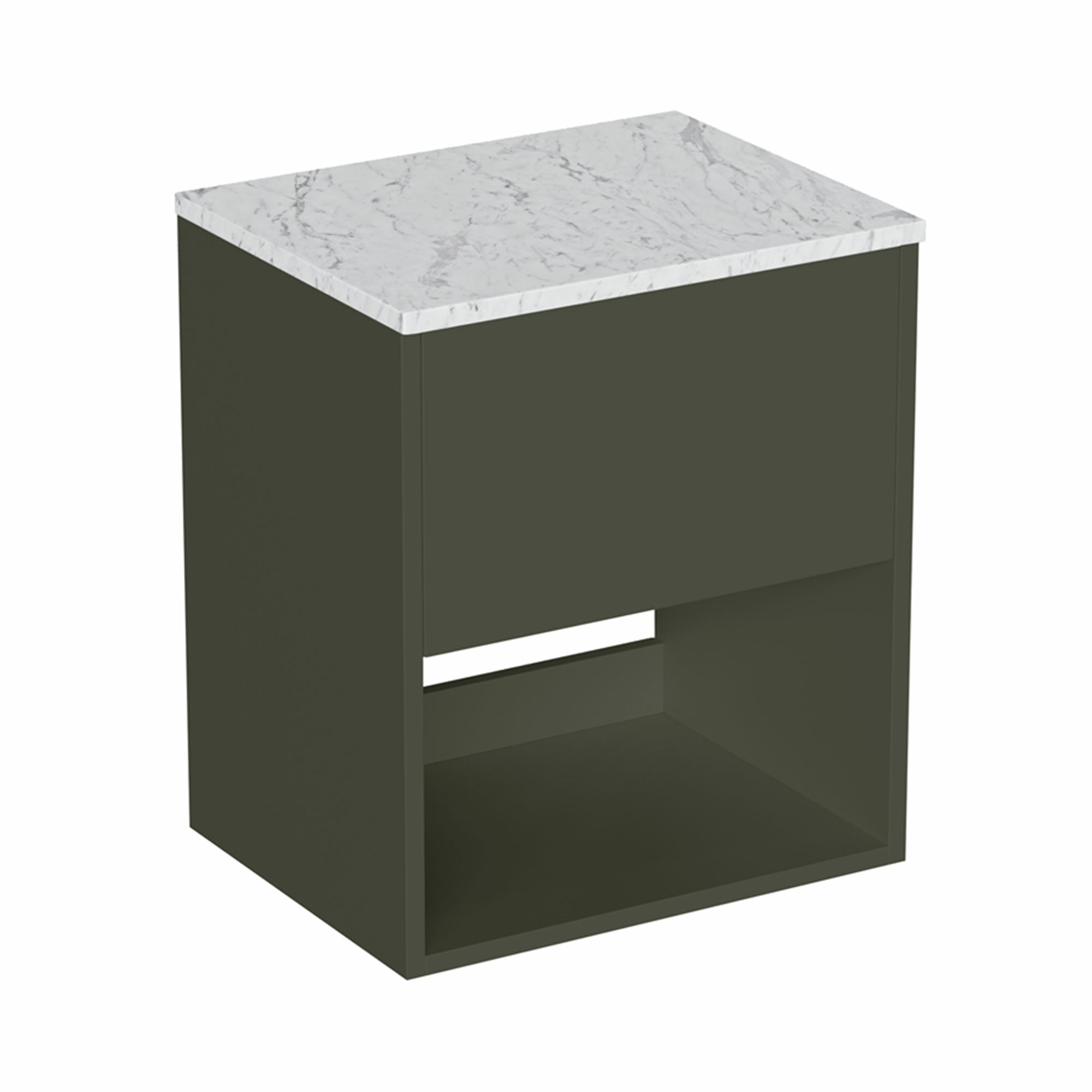 hackney 500mm wall mounted vanity unit with carrara worktop and open shelf earthy green