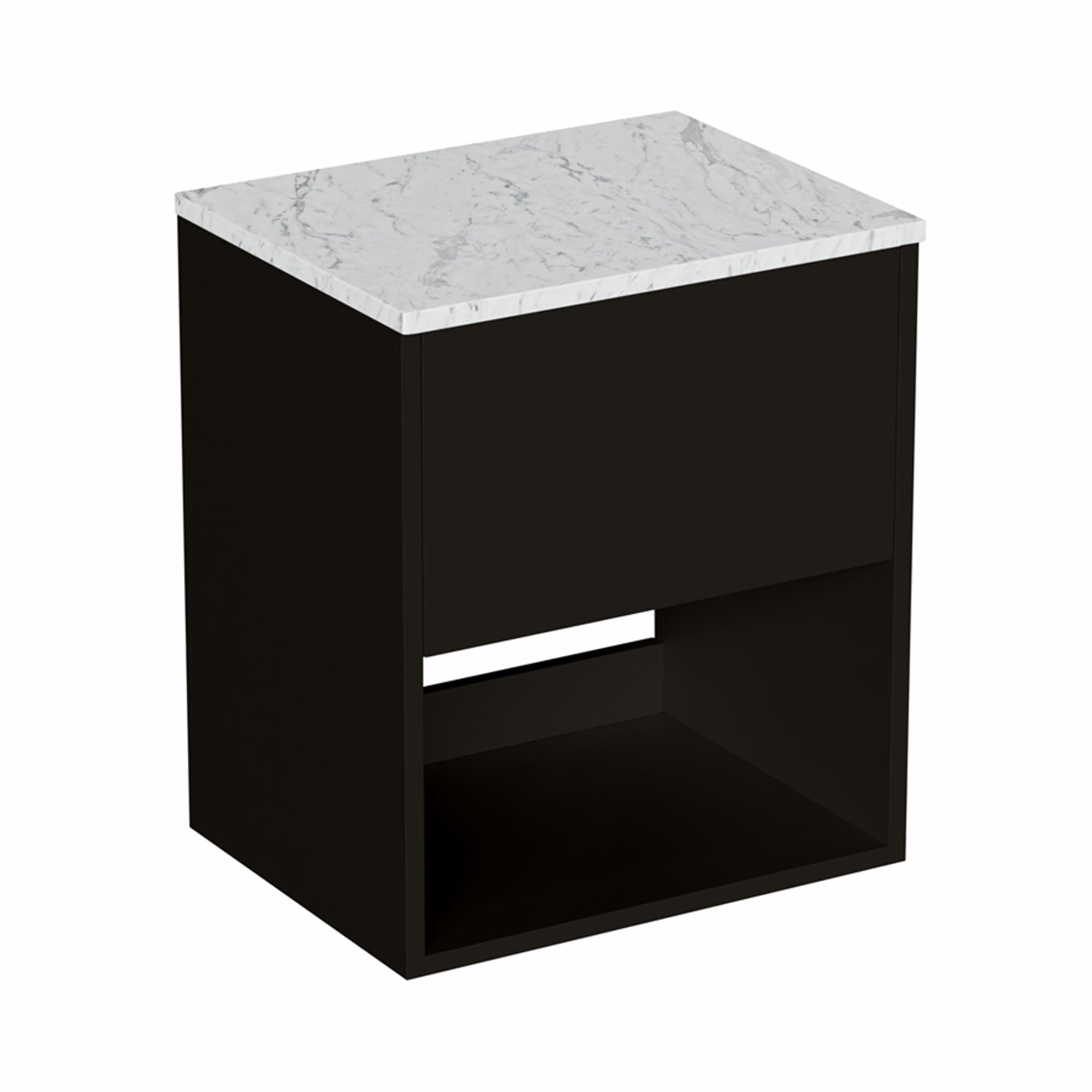 hackney 500mm wall mounted vanity unit with carrara worktop and open shelf matt black