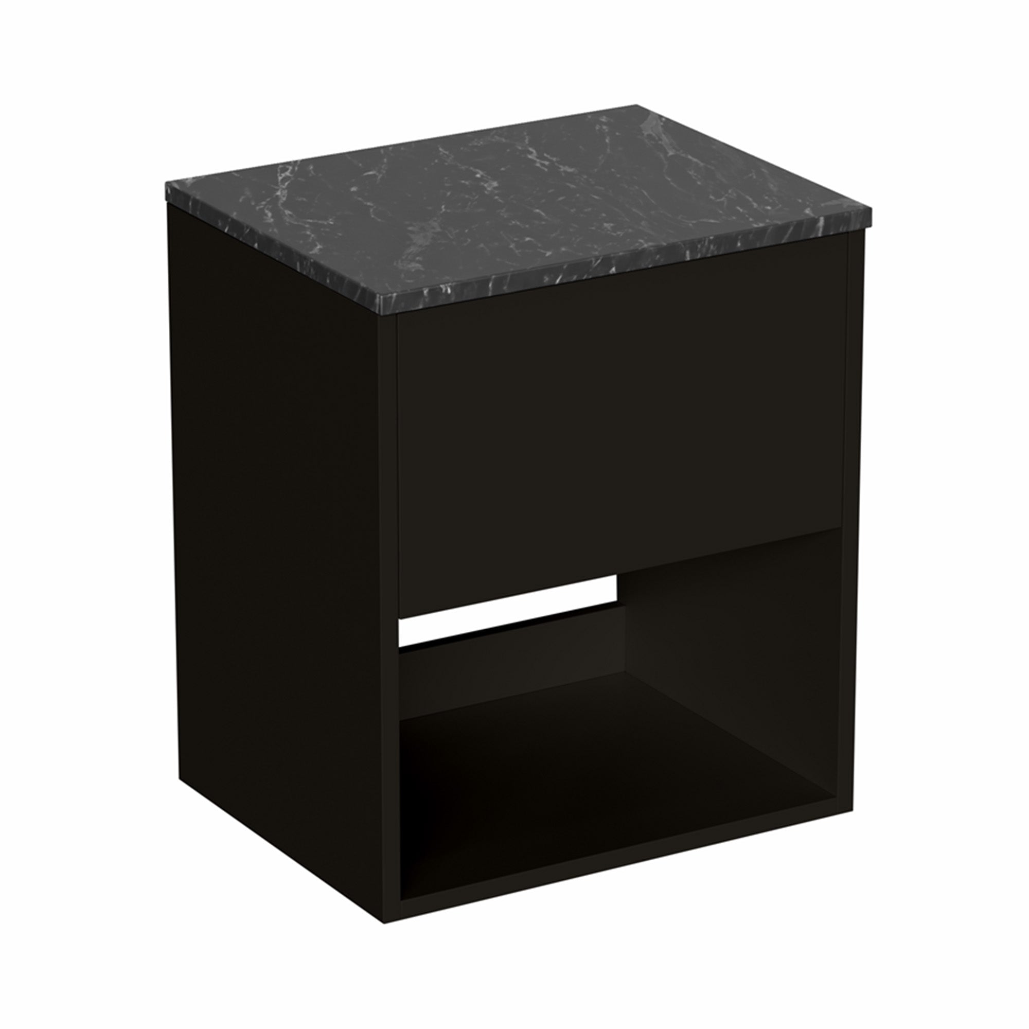 hackney 500mm wall mounted vanity unit with marquina worktop and open shelf matt black