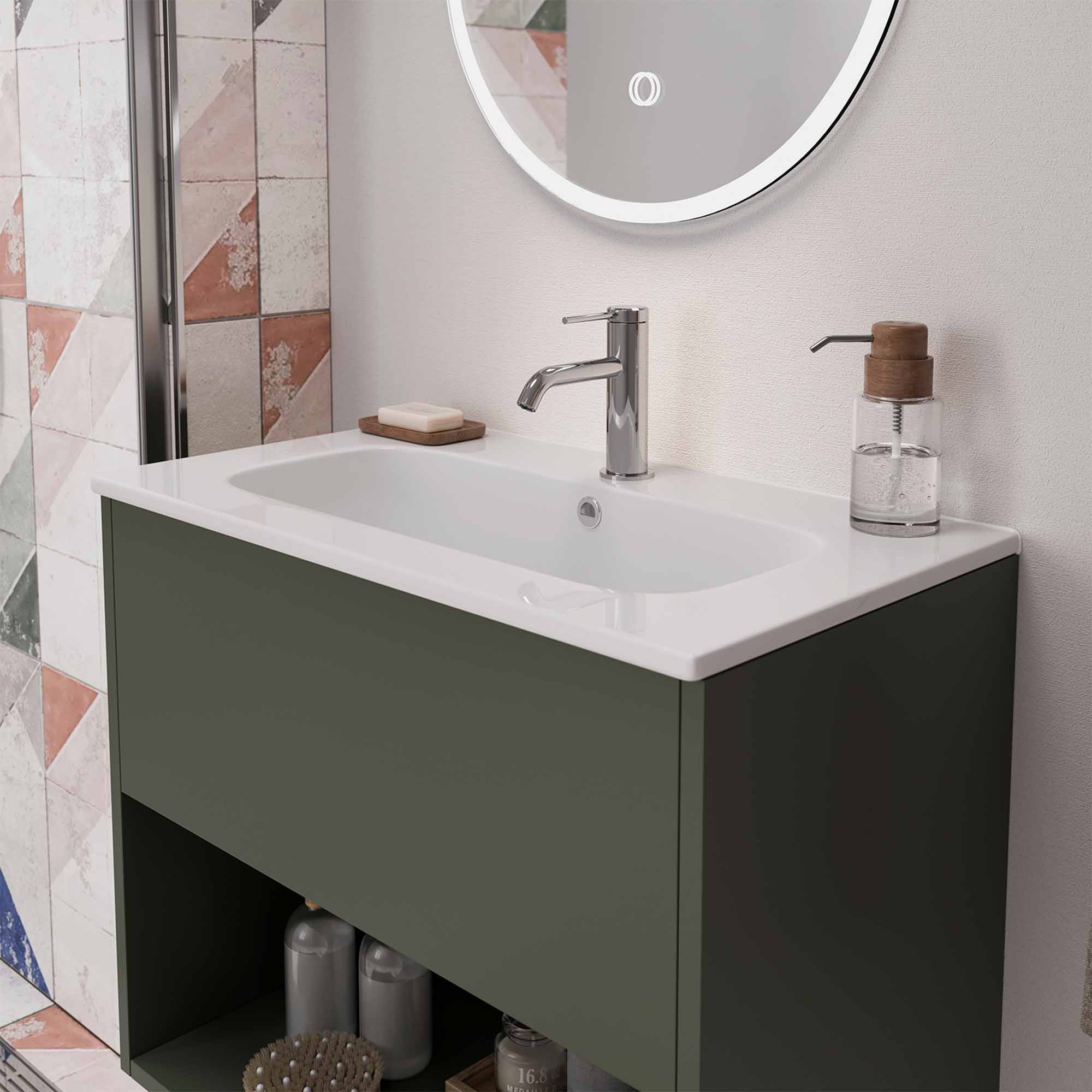 hackney 600mm wall mounted vanity unit with basin and open shelf earthy green