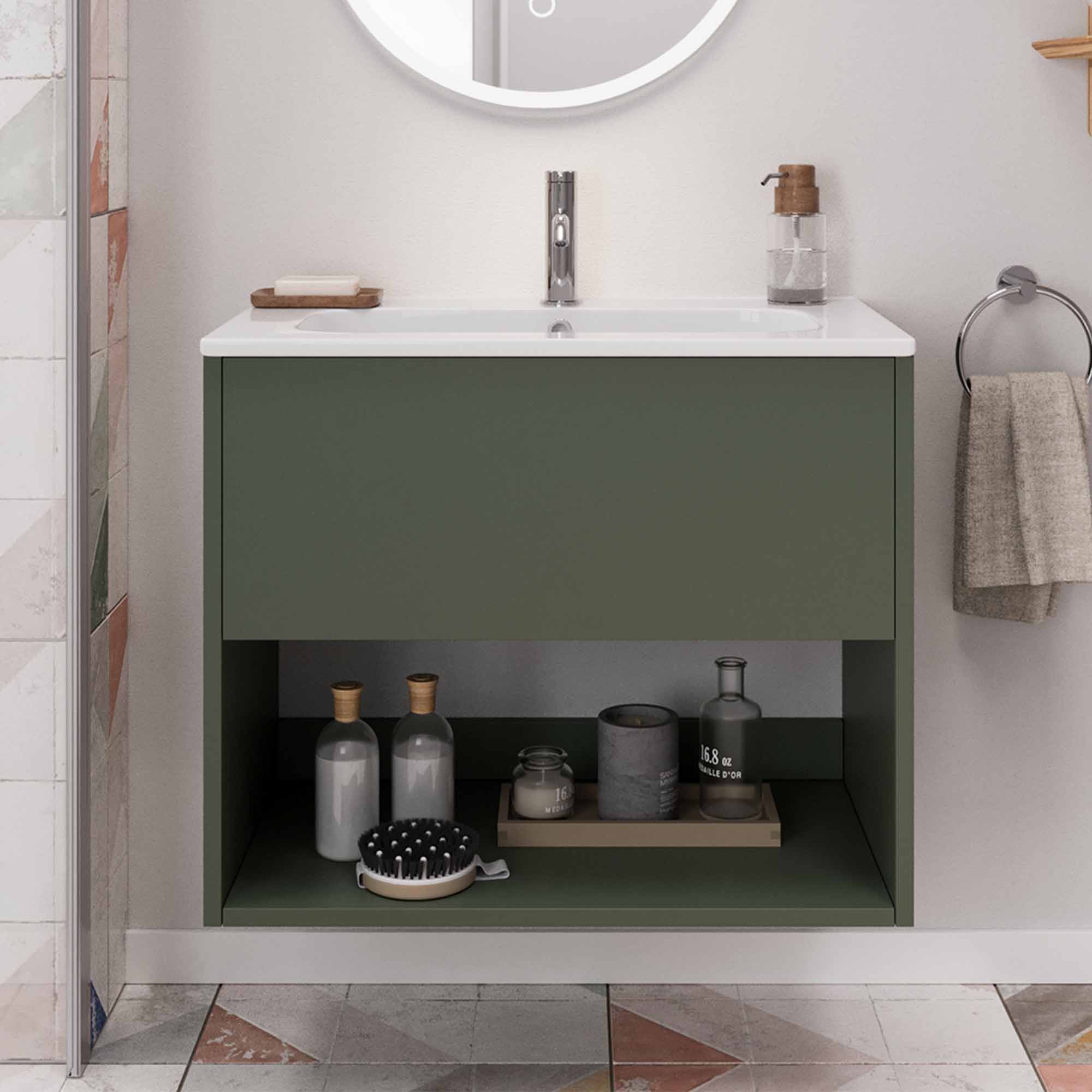 hackney 600mm wall mounted vanity unit with basin and open shelf earthy green