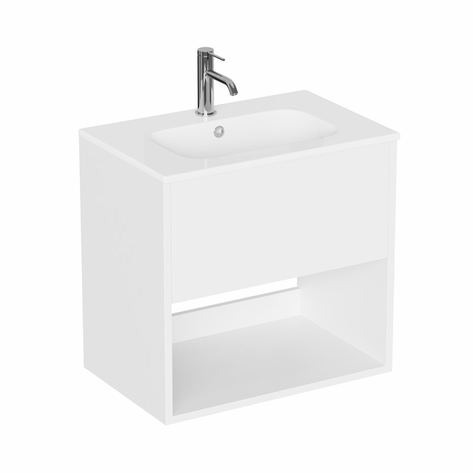 hackney 600mm wall mounted vanity unit with basin and open shelf gloss white