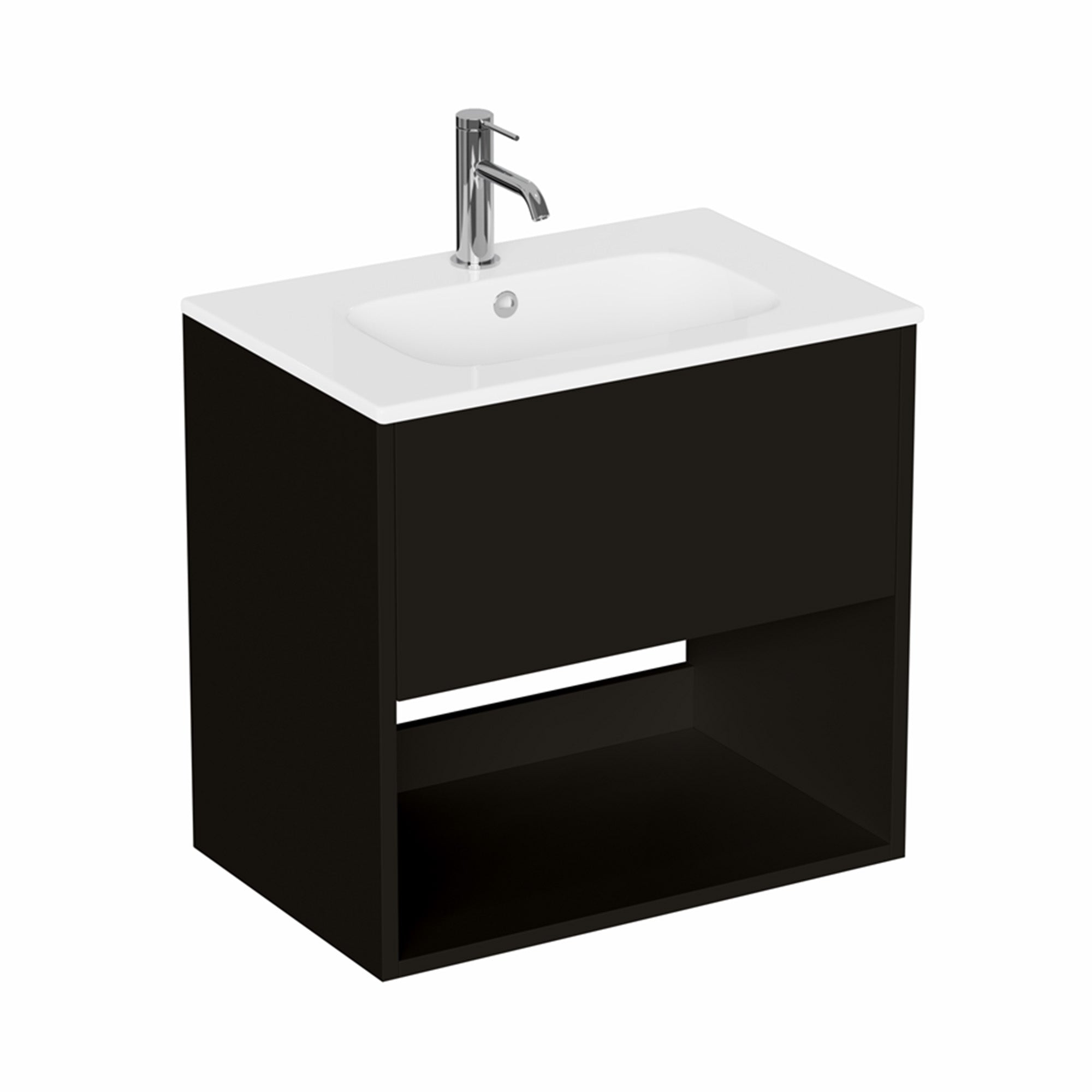 hackney 600mm wall mounted vanity unit with basin and open shelf matt black