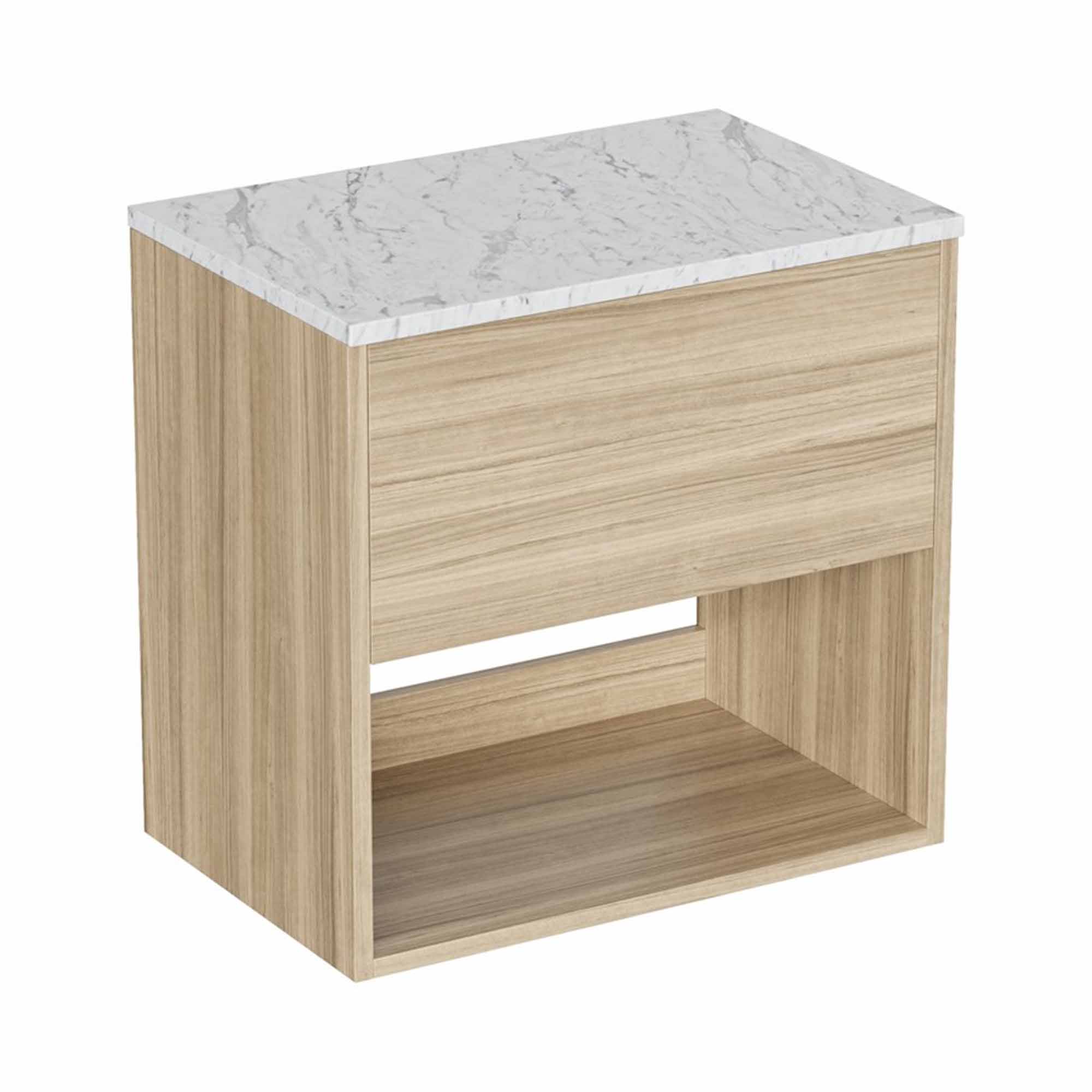 hackney 600mm wall mounted vanity unit-with carrara worktop and open shelf cherry wood