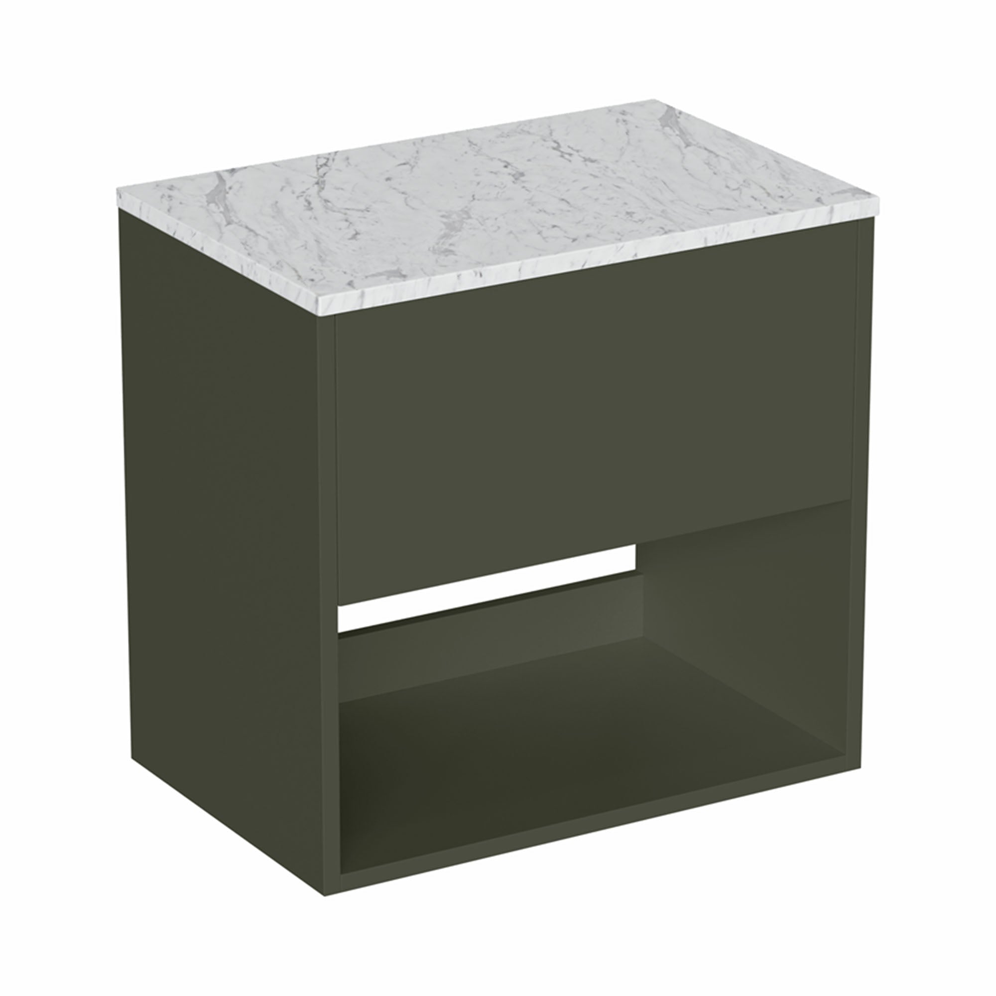 hackney 600mm wall mounted vanity unit with carrara worktop and open shelf earthy green