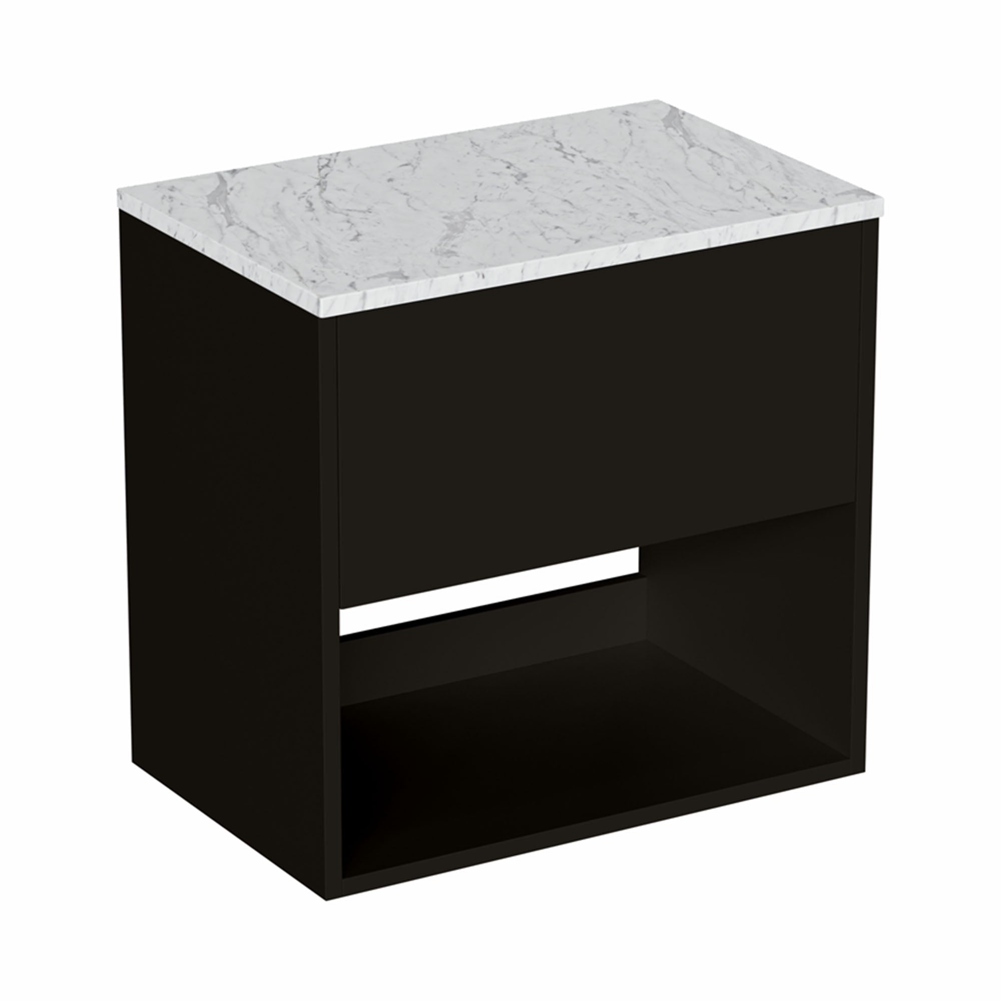 hackney 600mm wall mounted vanity unit with carrara worktop and open shelf matt black