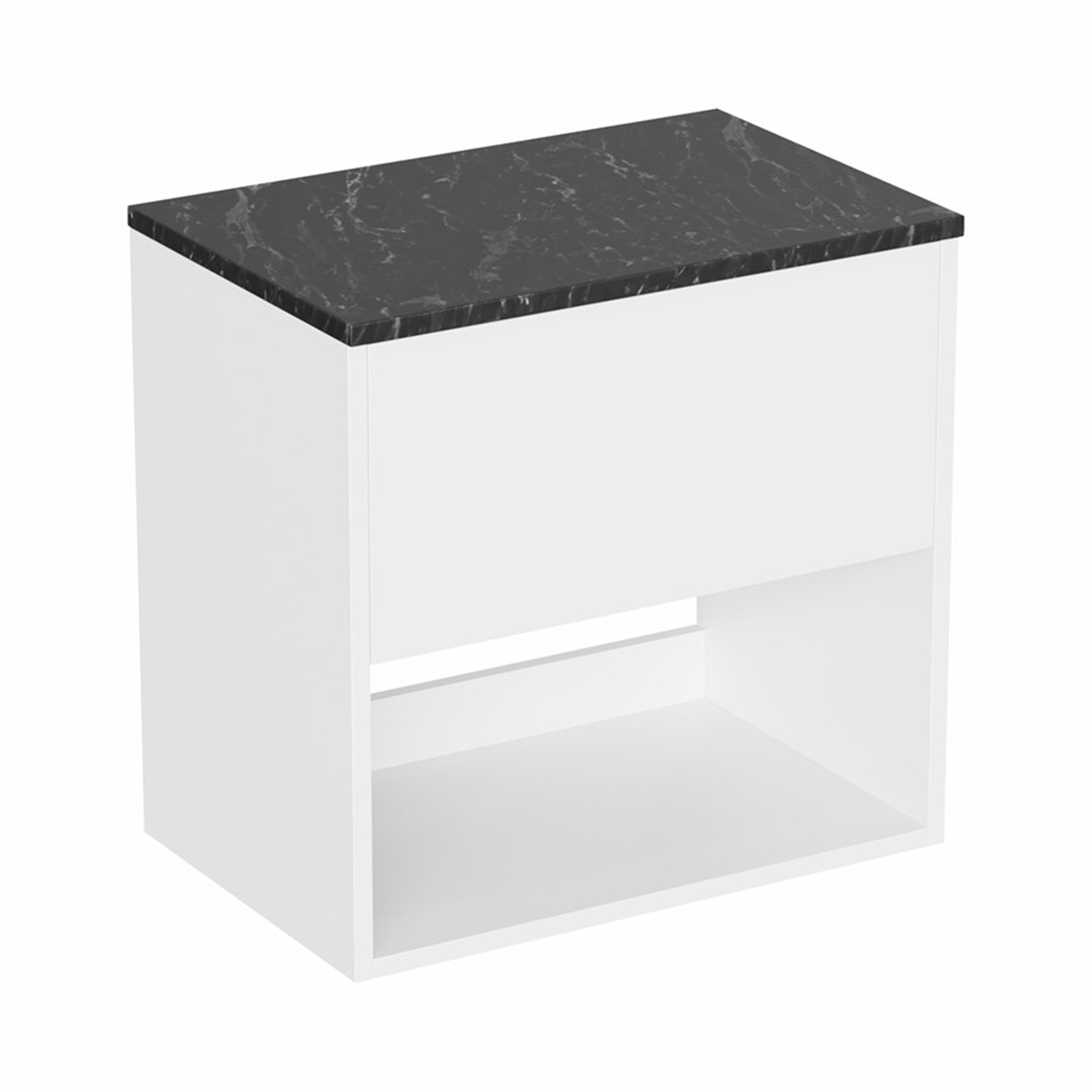 hackney 600mm wall mounted vanity unit with marquina worktop and open shelf gloss white