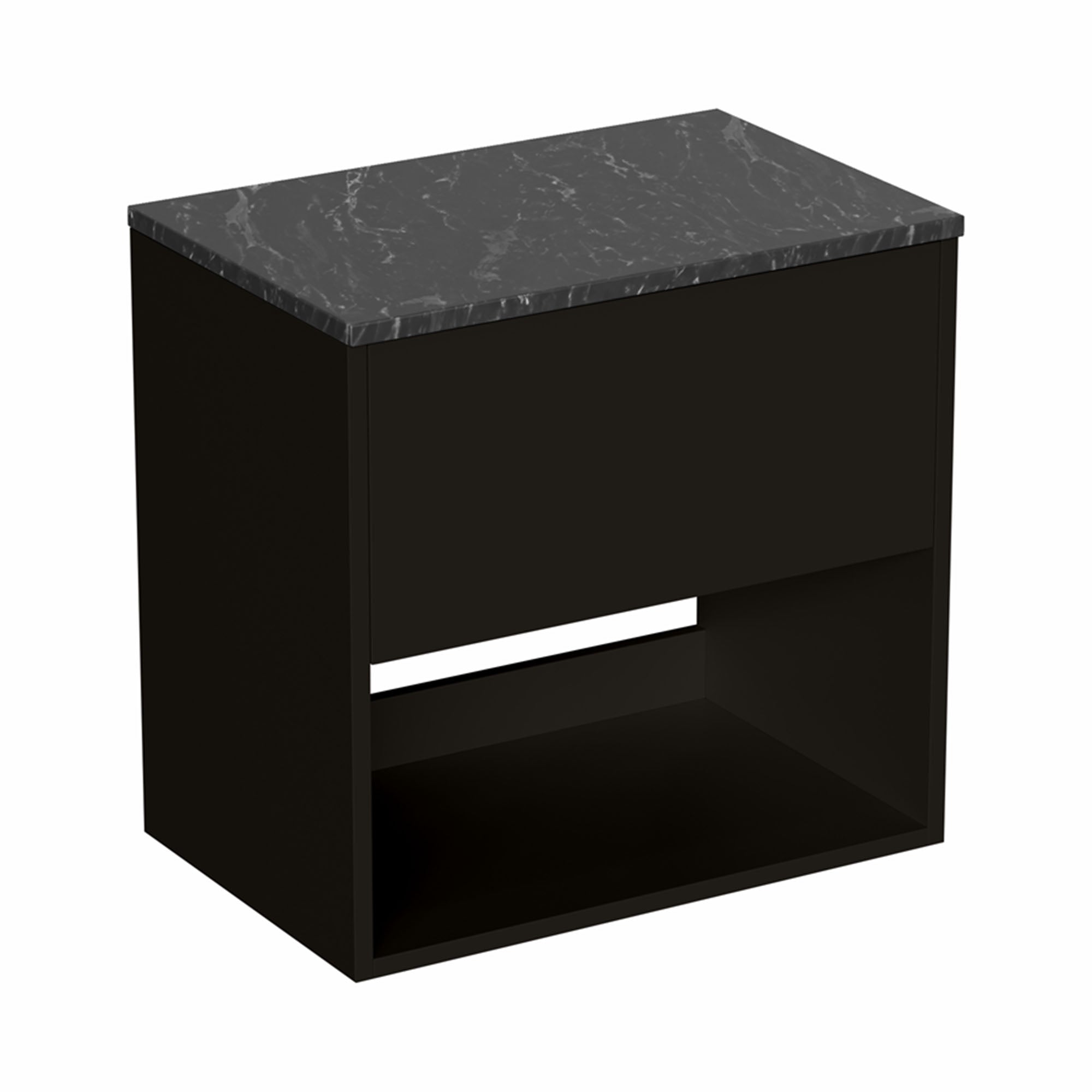 hackney 600mm wall mounted vanity unit with marquina worktop and open shelf matt black
