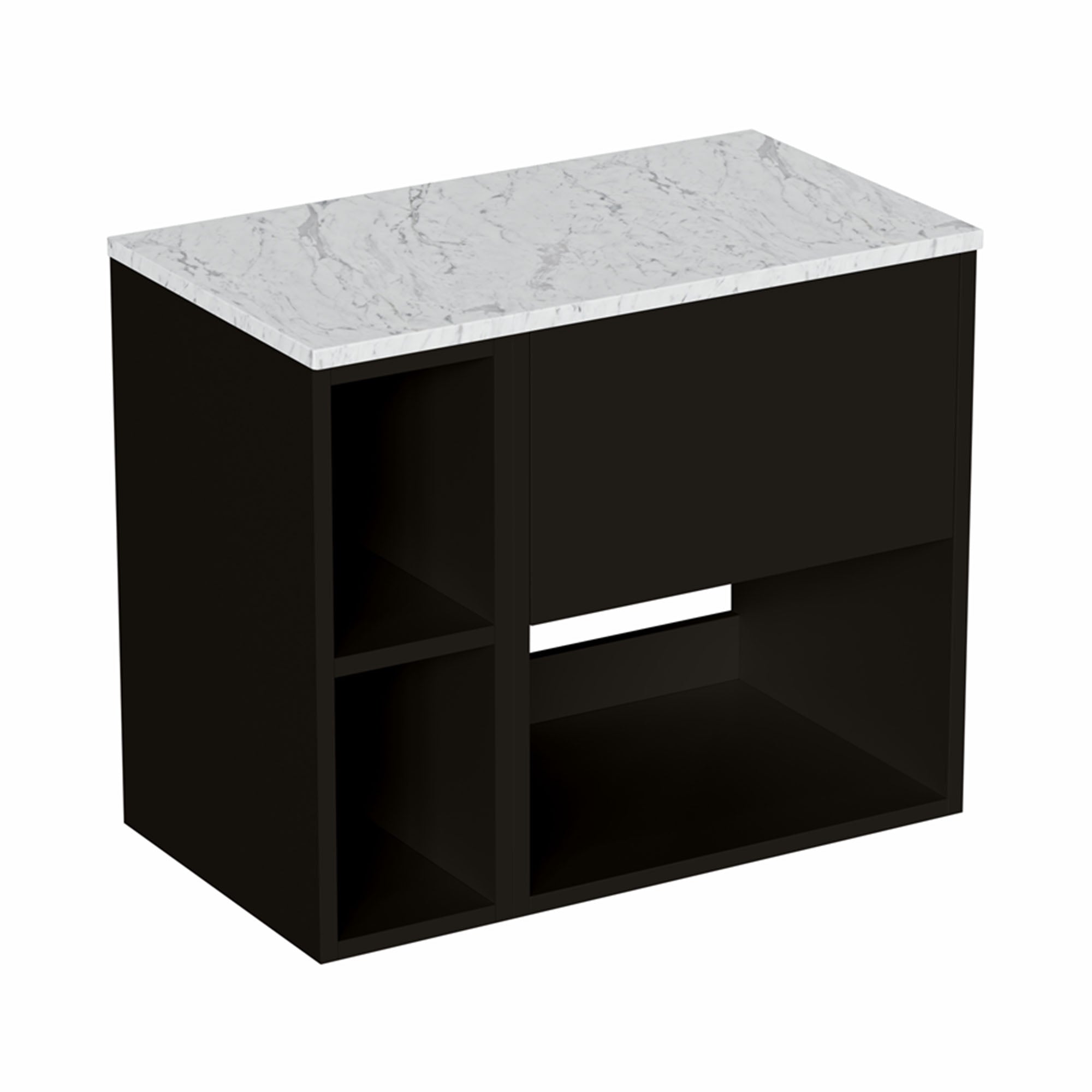 hackney 700 wall mounted vanity unit with carrara worktop and shelf unit matt black
