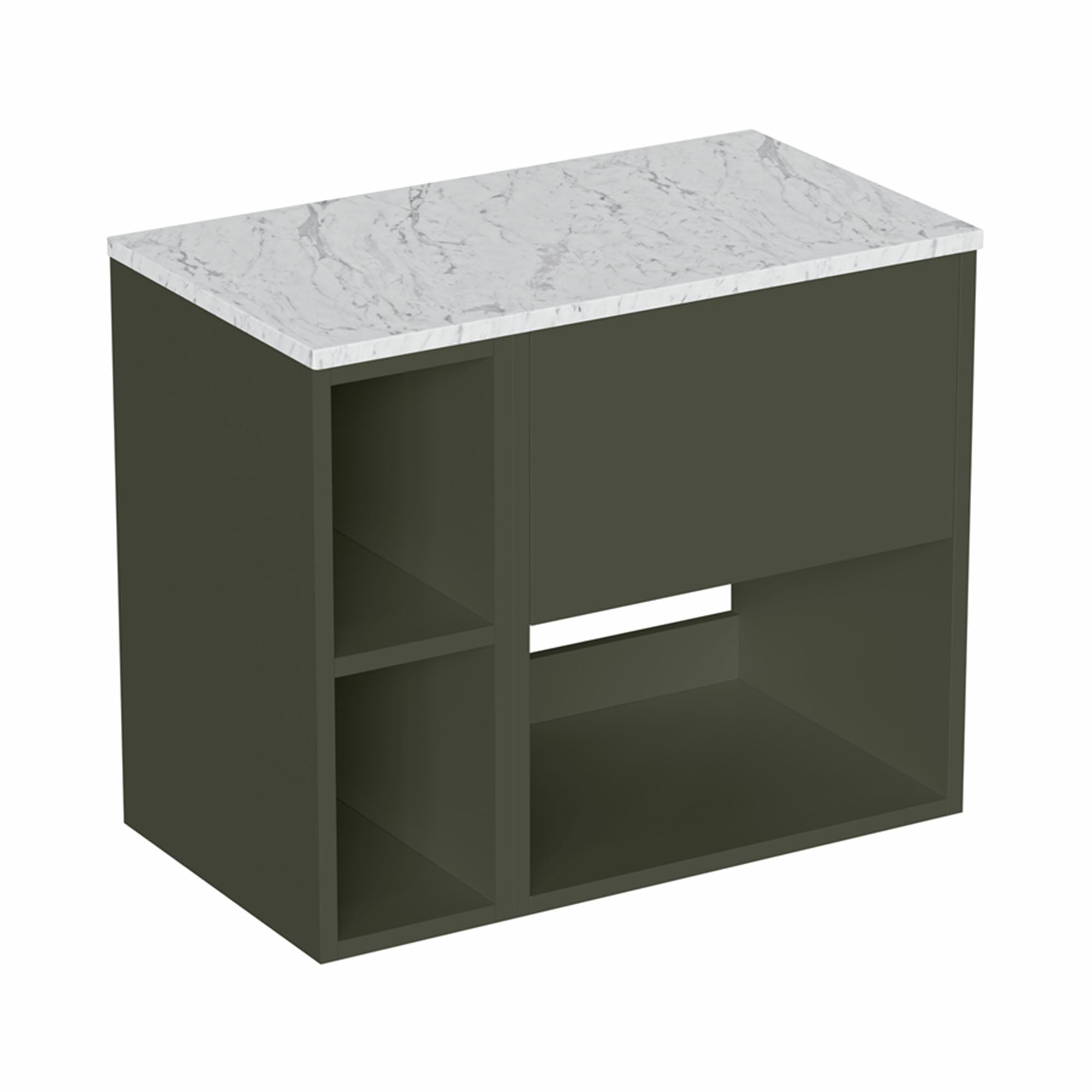 hackney 700 wall mounted vanity unit with carrara worktop and shelf unit matt green