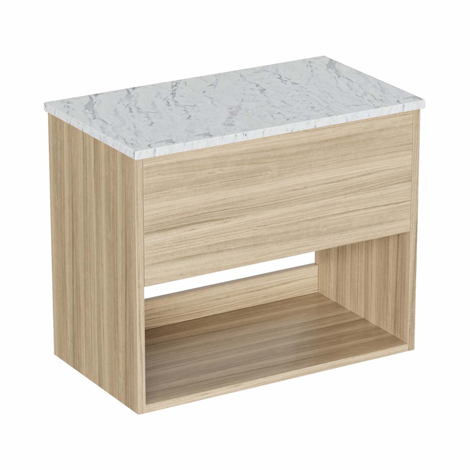 hackney 700mm wall mounted vanity unit-with carrara worktop and open shelf cherry wood