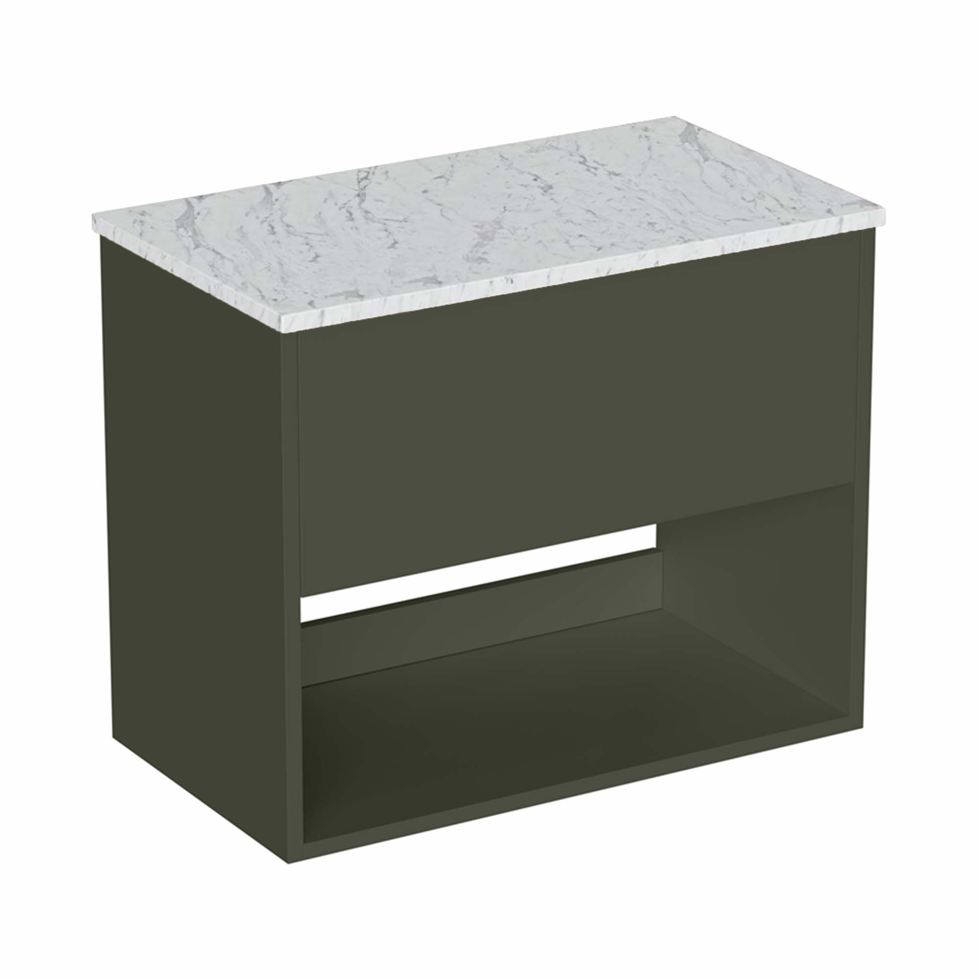 hackney 700mm wall mounted vanity unit with carrara worktop and open shelf earthy green