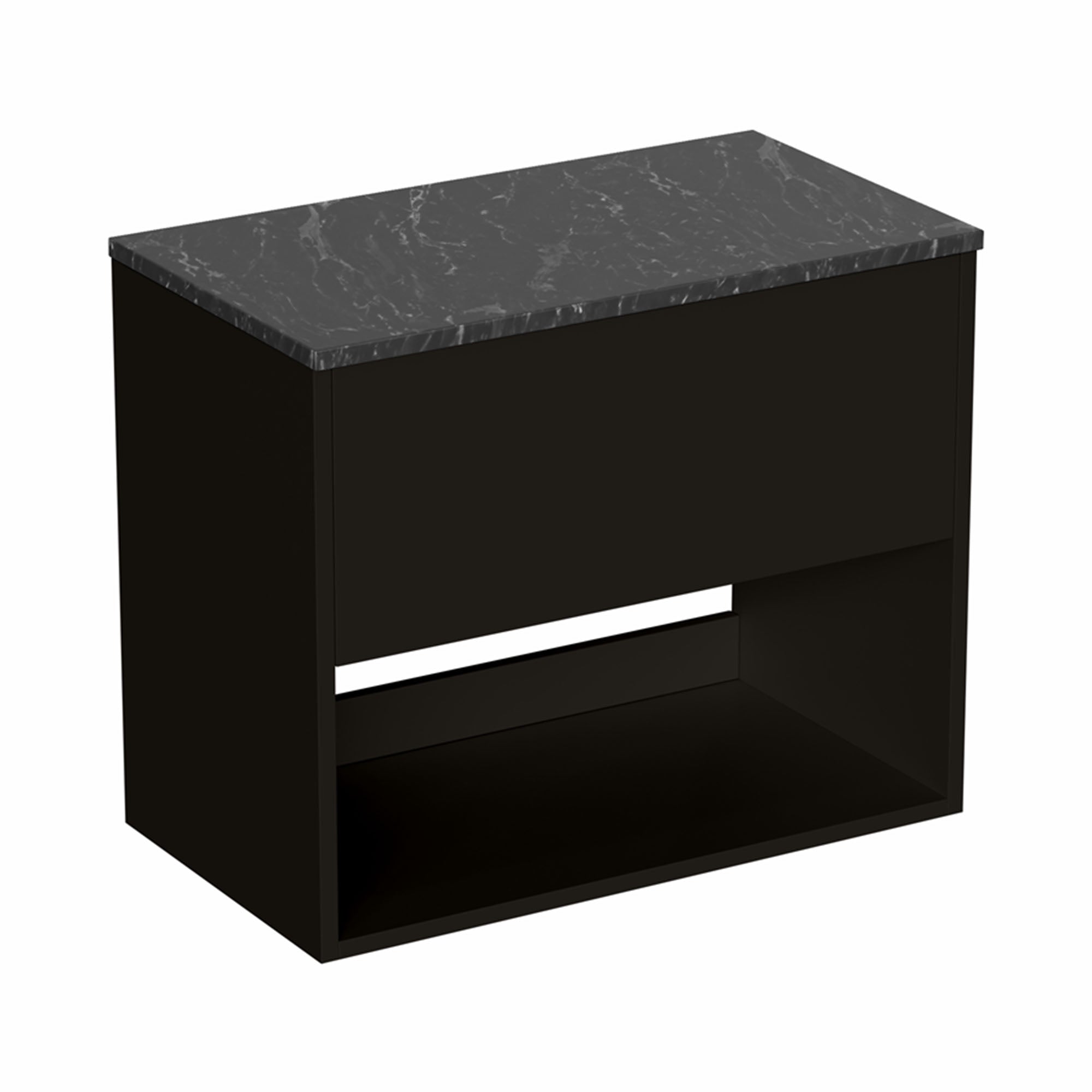 hackney 700mm wall mounted vanity unit with marquina worktop and open shelf matt black