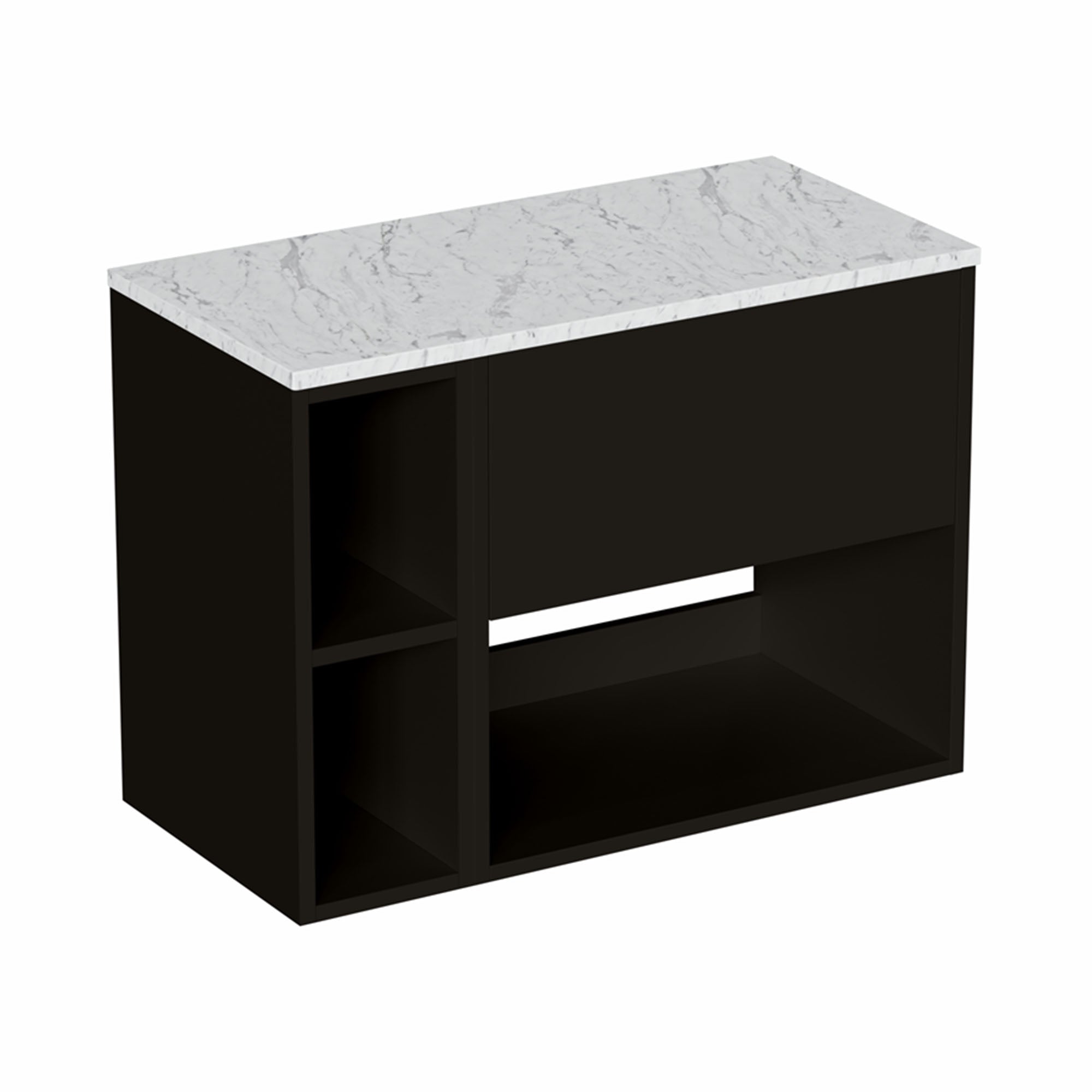 hackney 800 wall mounted vanity unit with carrara worktop and shelf unit matt black