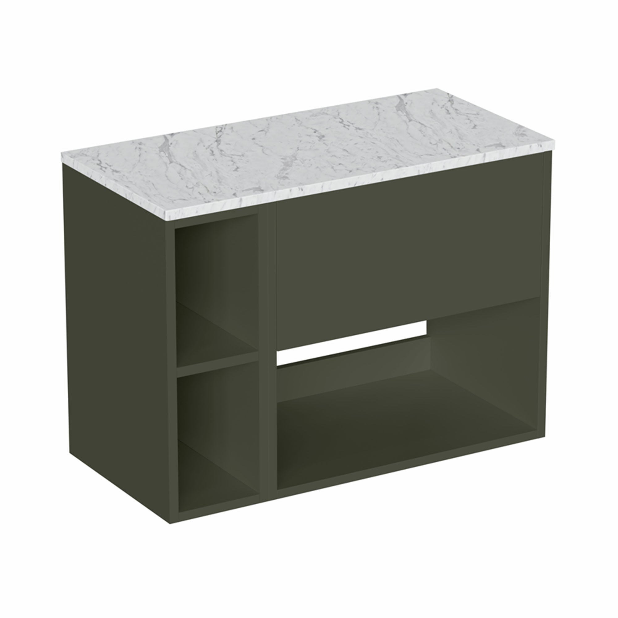 hackney 800 wall mounted vanity unit with carrara worktop and shelf unit matt green