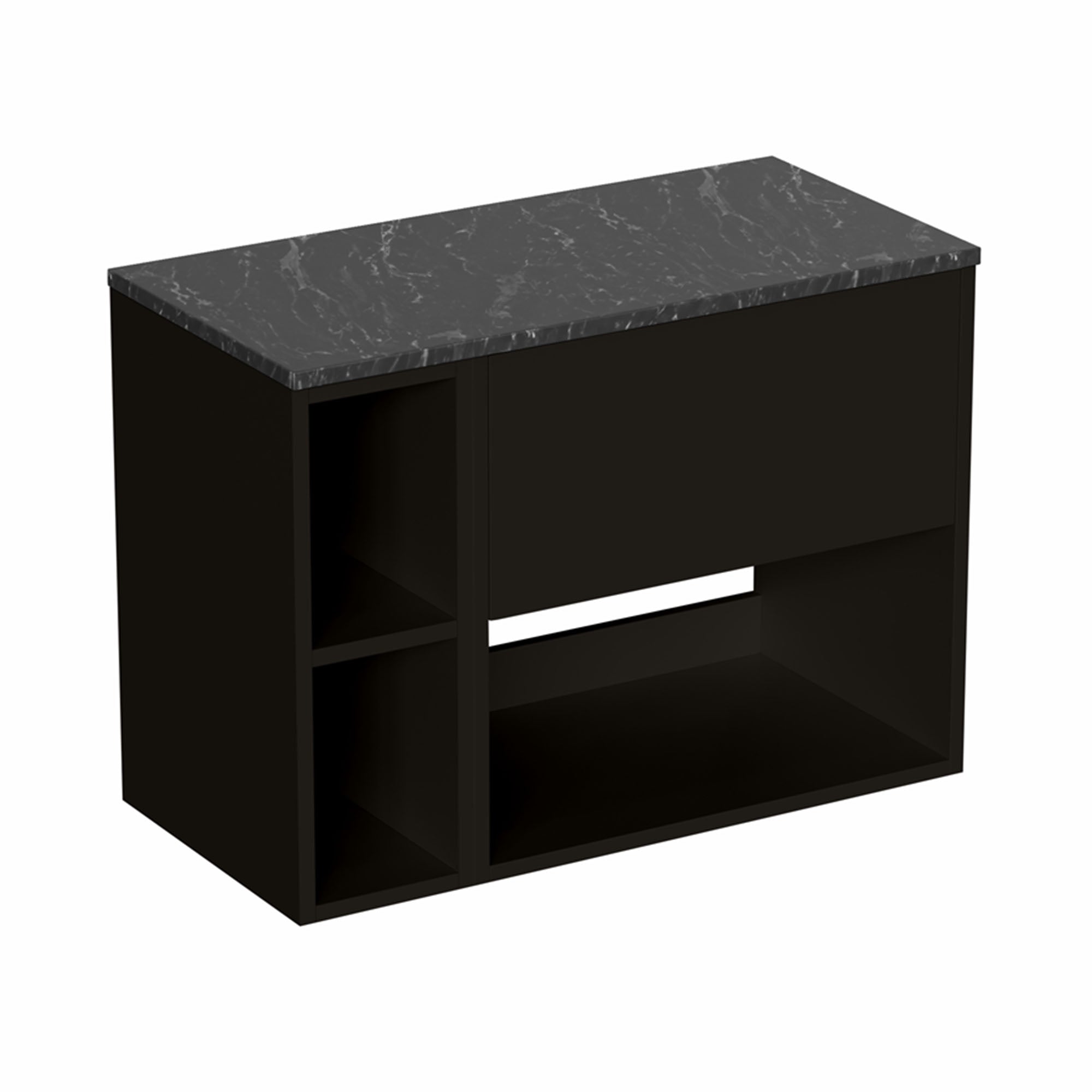 hackney 800 wall mounted vanity unit with marquina worktop and shelf unit matt black