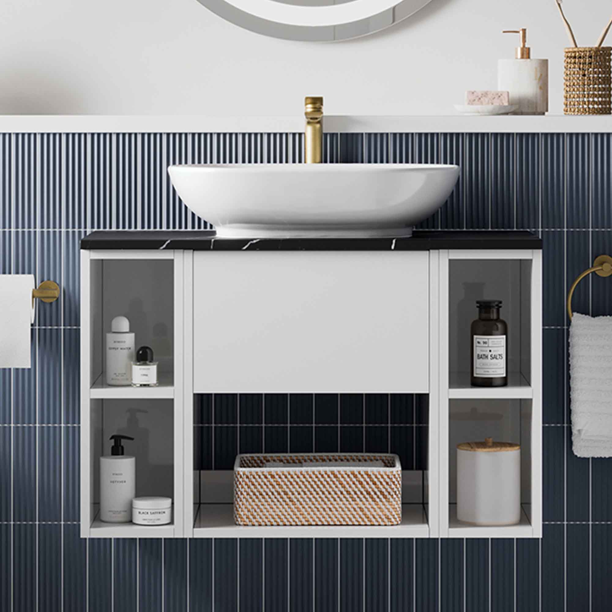 hackney 900 wall mounted vanity unit with marquina worktop and 2 shelf units gloss white