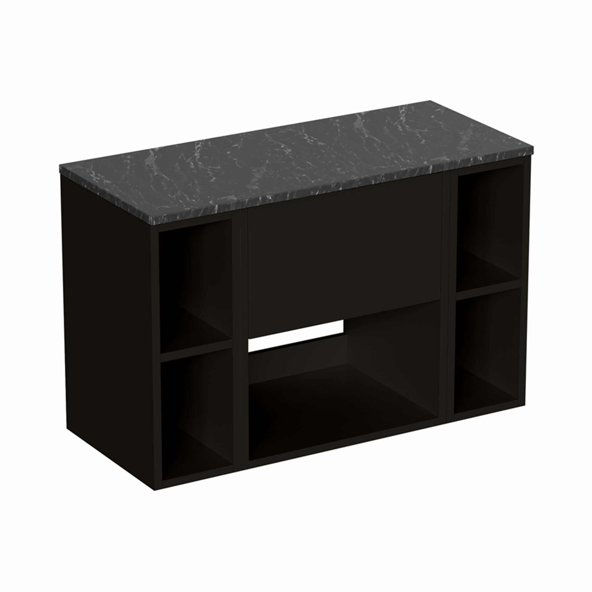 hackney 900 wall mounted vanity unit with marquina worktop and 2 shelf units matt black