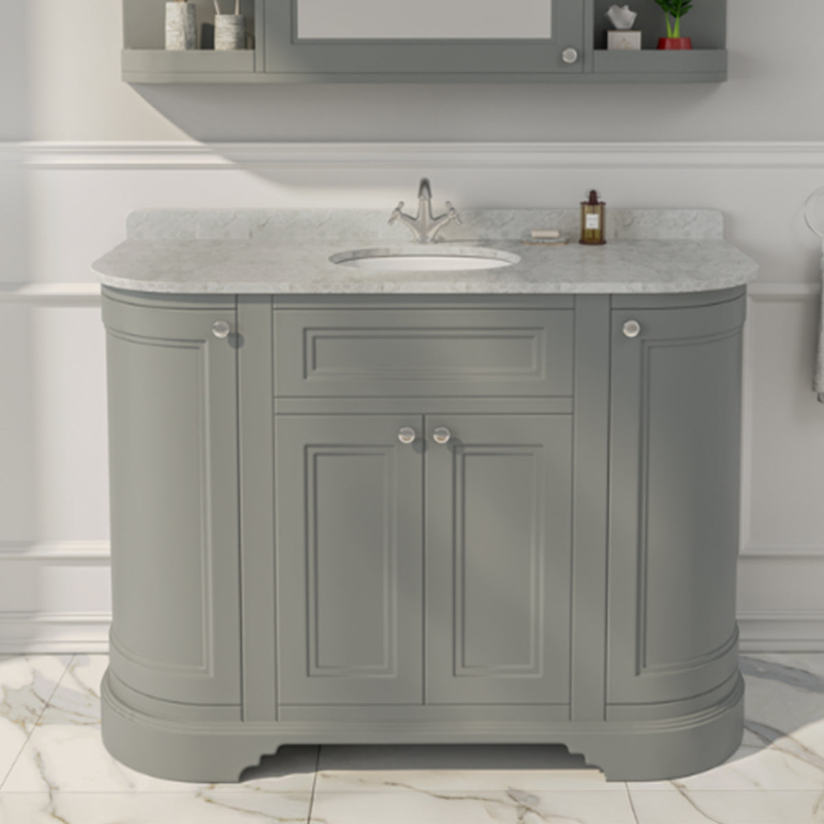 hampton 1200 curved floor standing vanity unit with marble effect worktop and basin light grey