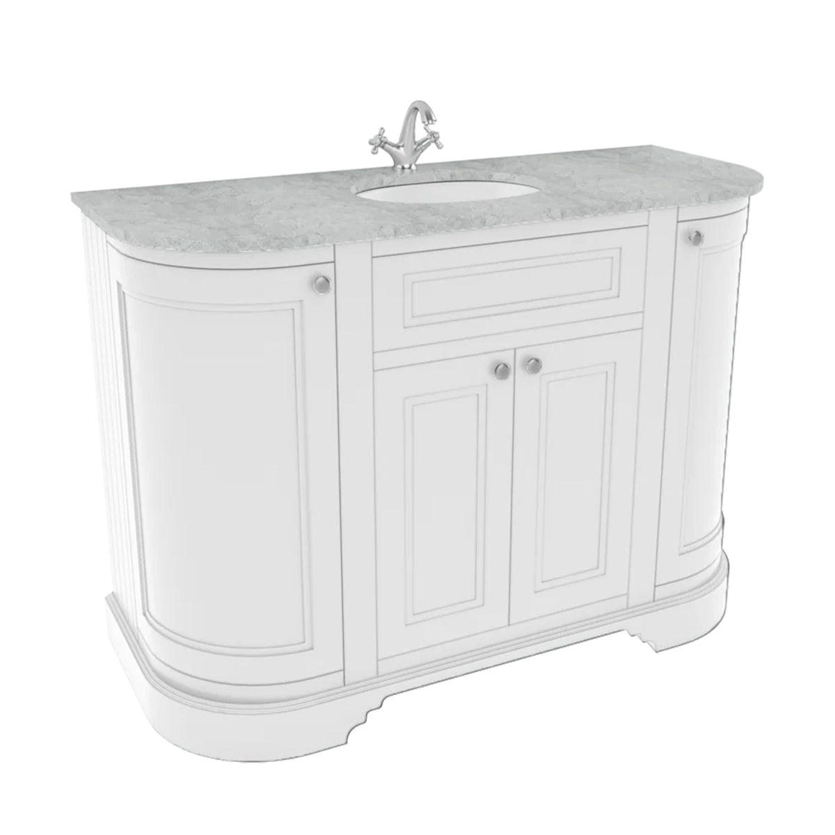 hampton 1200 curved floor standing vanity unit with marble effect worktop and basin matt white