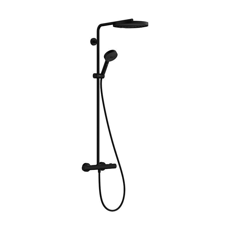 Hansgrohe Pulsify S Puro 1-Jet Shower with 260mm Head and 3-Jet Hand Shower in matt black finish. Supplied by Deluxe Bathrooms.