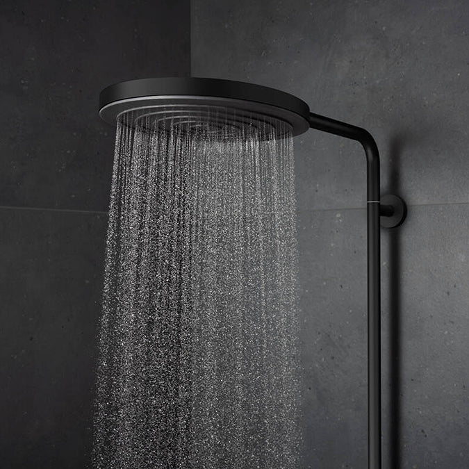 Water flowing from overhead of the Hansgrohe Pulsify S Puro 1-Jet Shower in matt black finish, supplied by Deluxe Bathrooms.