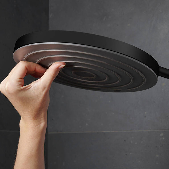 Close up view of the overhead of the Hansgrohe Pulsify S Puro Shower Set in matt black. Supplied by Deluxe Bathrooms.