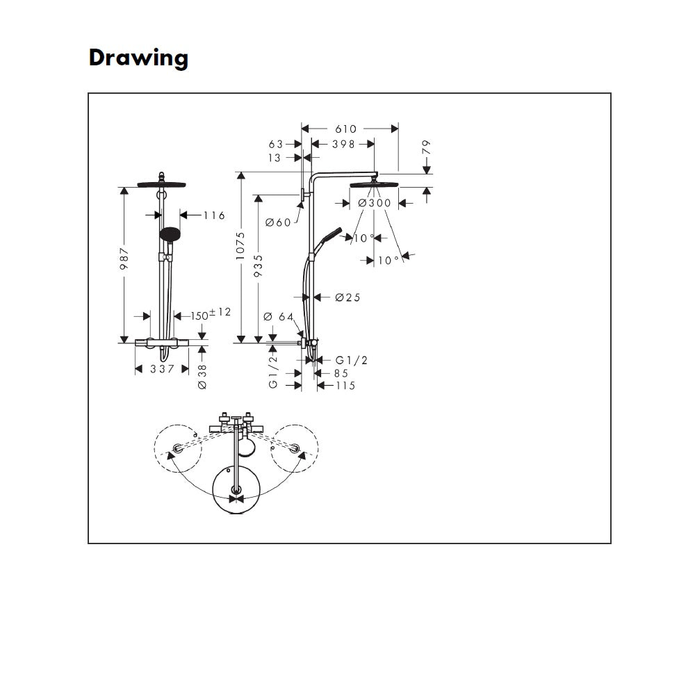 Dimensions diagram for the Hansgrohe Raindance Alive shower system, supplied by Deluxe Bathrooms.